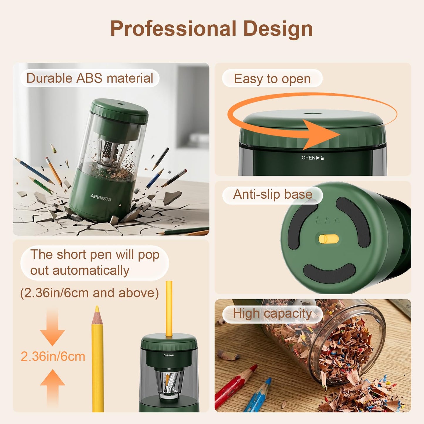 Apensta Electric Pencil Sharpener, Auto in & Out, Adjustable Tip