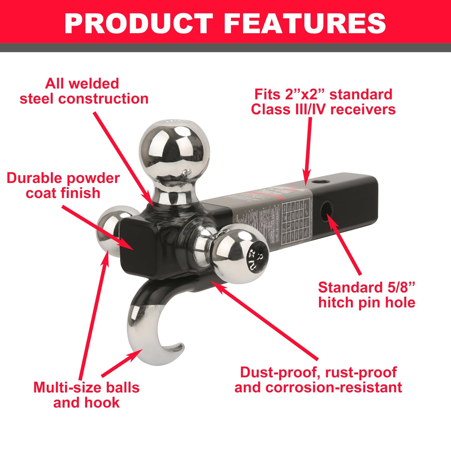 PEAKTOW Class III/IV 2 inches Trailer Hitch Ball Mount with 1-7/8”, 2”, 2-5/16” Triple Chrome Plated Balls and Hook, 10,000 lbs. Capacity, with 5/8 Inch Pin