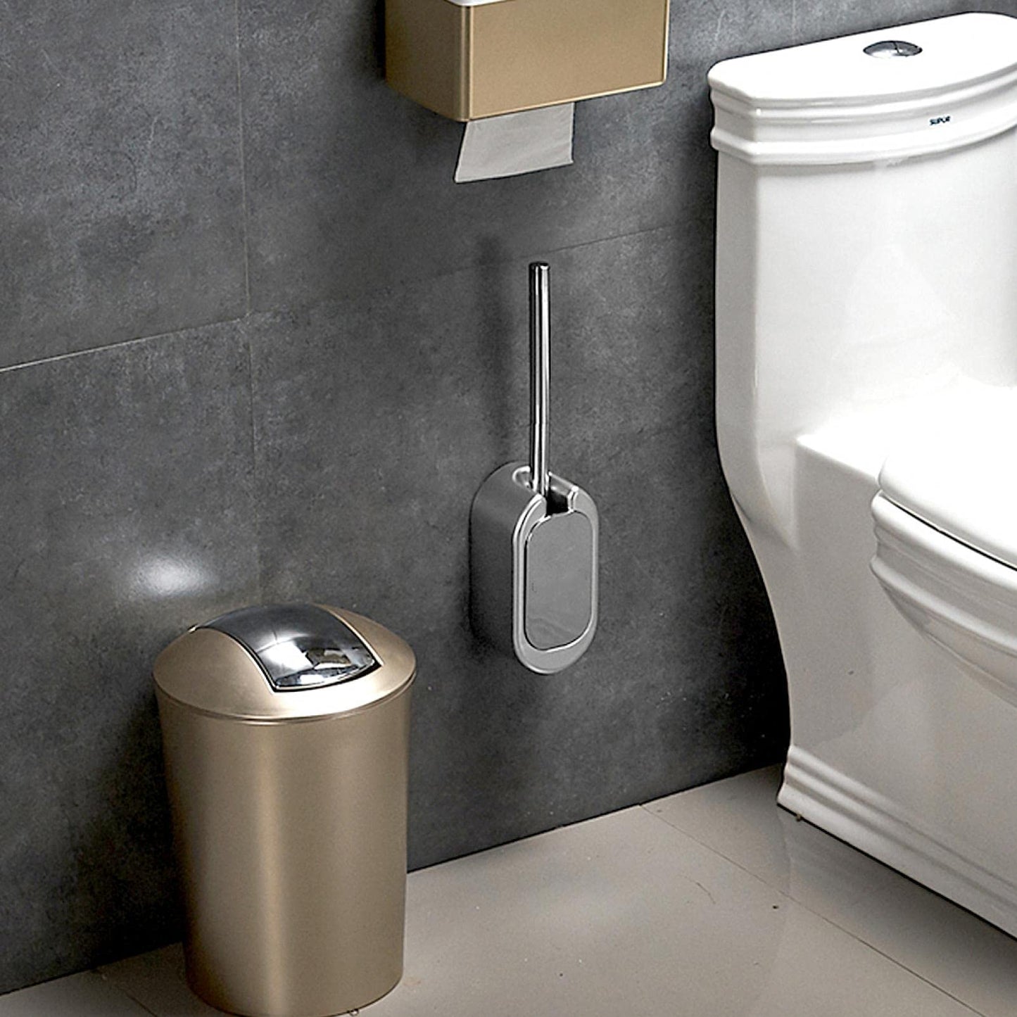 Stainless Luxury Toilet Brush Toilet Brush Set Compact Wall-Mounted Toilet Brush Holder with Stainless Steel Handle for Bathroom Storage and Organization(Silver)