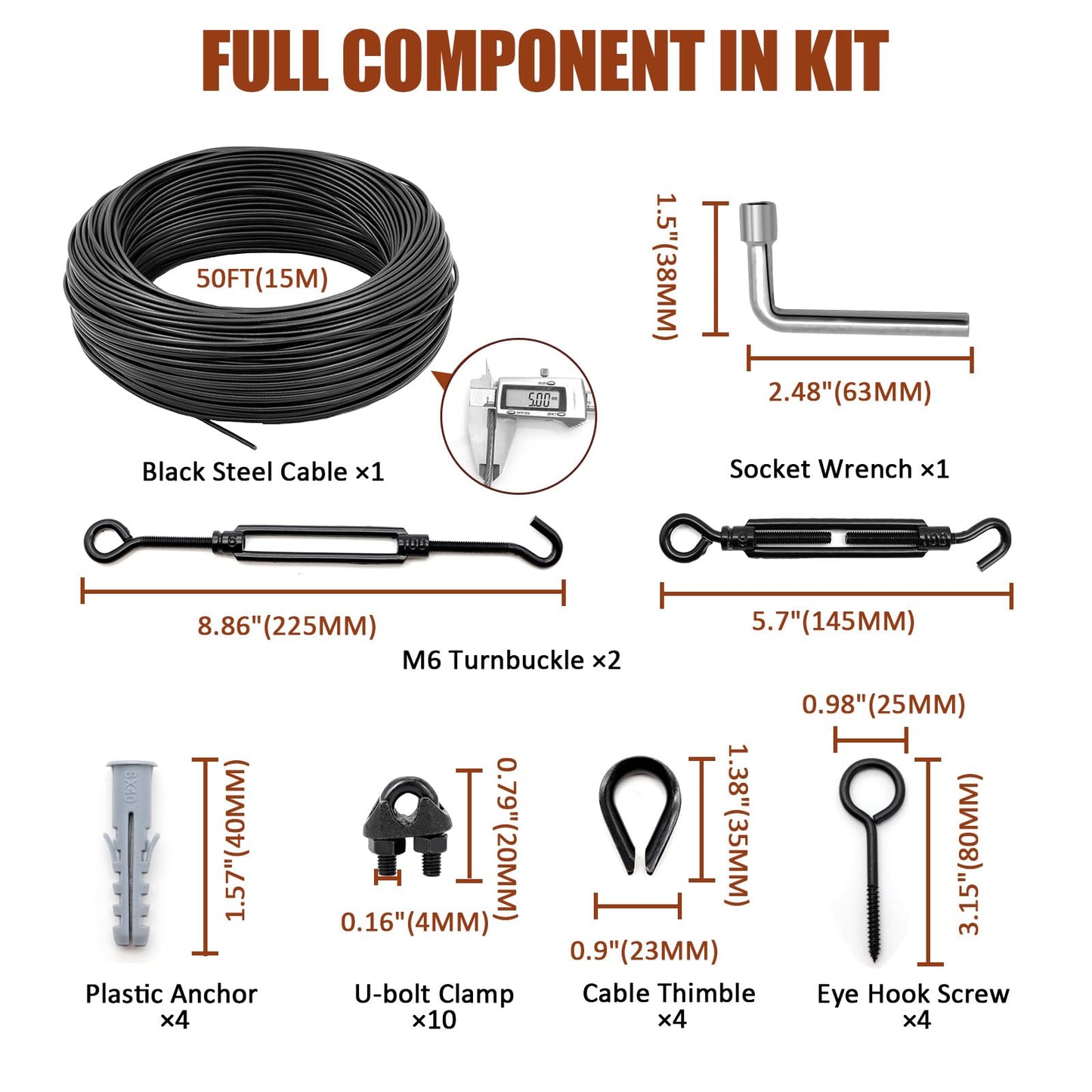 hannger String Light Hanging Kit Outdoor, Globe String Lights Suspension Kit, 50FT 3/16 Black PVC Coated Steel Cable w/ M6 Turnbuckle Tensioner Kit, Guide Wire for Outdoor/Patio/Camping String Light