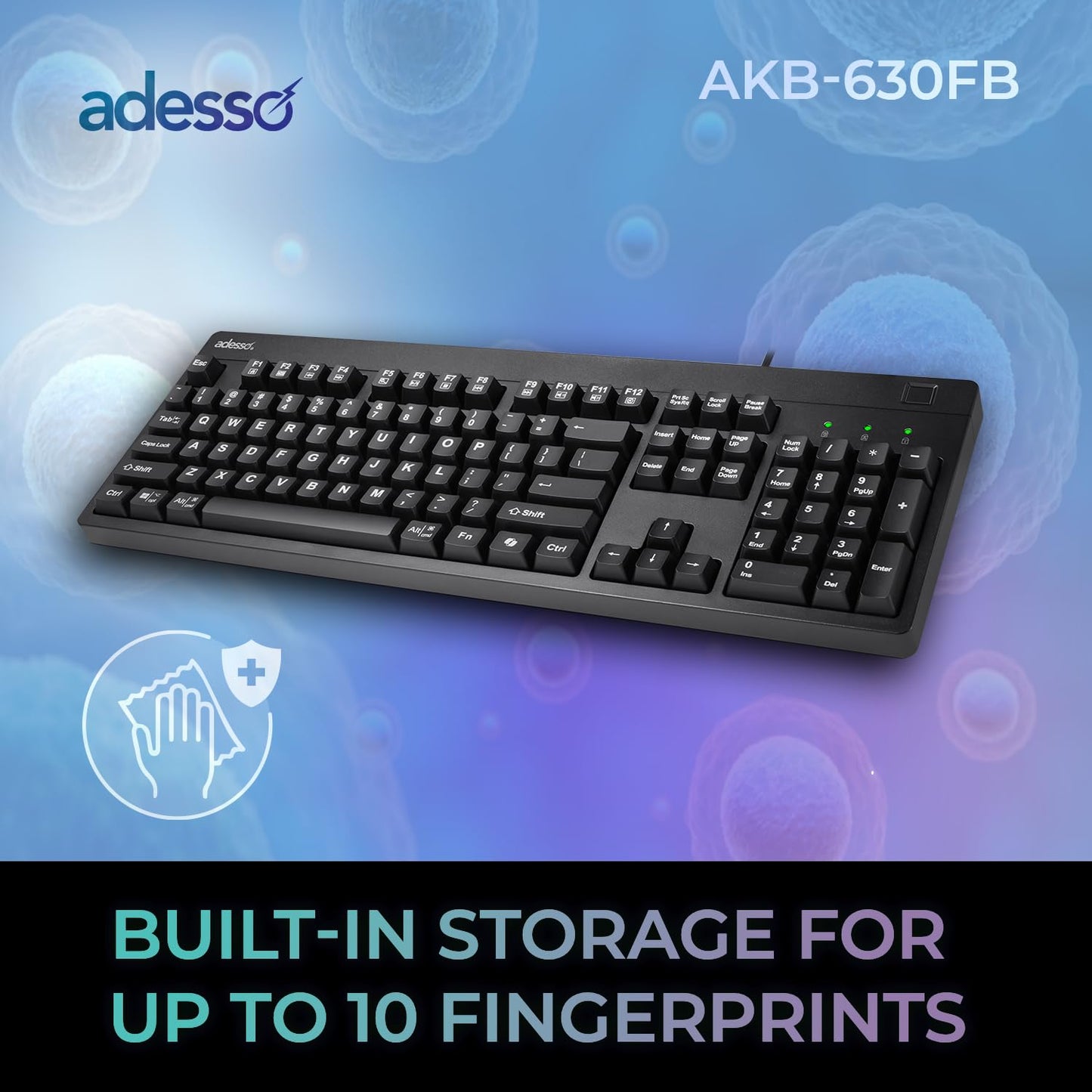 Adesso TAA Compliant Fingerprint Keyboard with AES 256 Encryption USB Wired Full Size 104 Key Layout Windows Hello Compatible Made in Taiwan for Government Business Education AKB-630FB-TAA