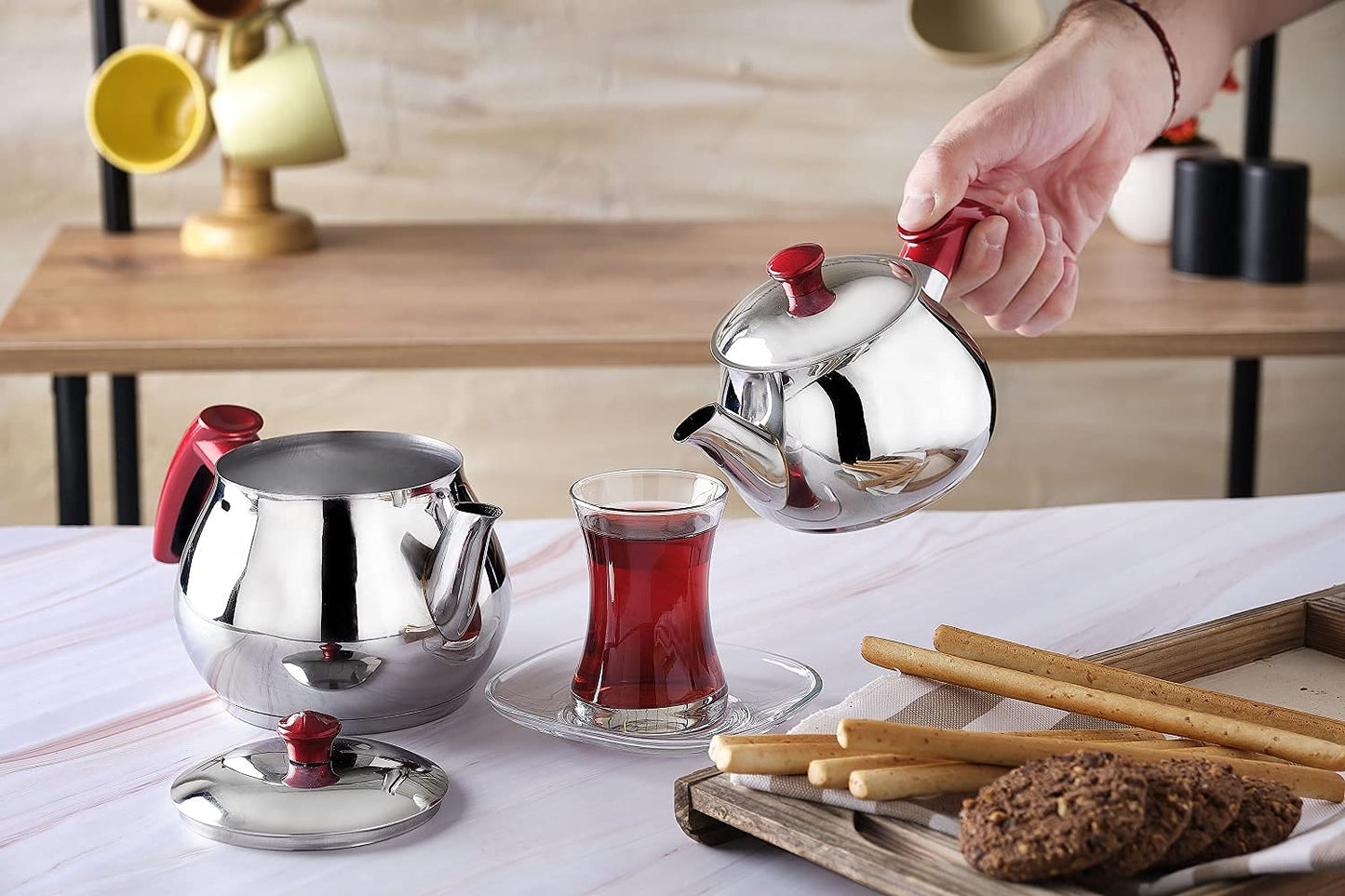 Turkish Teapot Set Stainless Steel Tea Maker for Stovetop | Double Tea Pot with Strainer | Samovar Style Tea Kettle Water Heater (Mini with Red Handles)