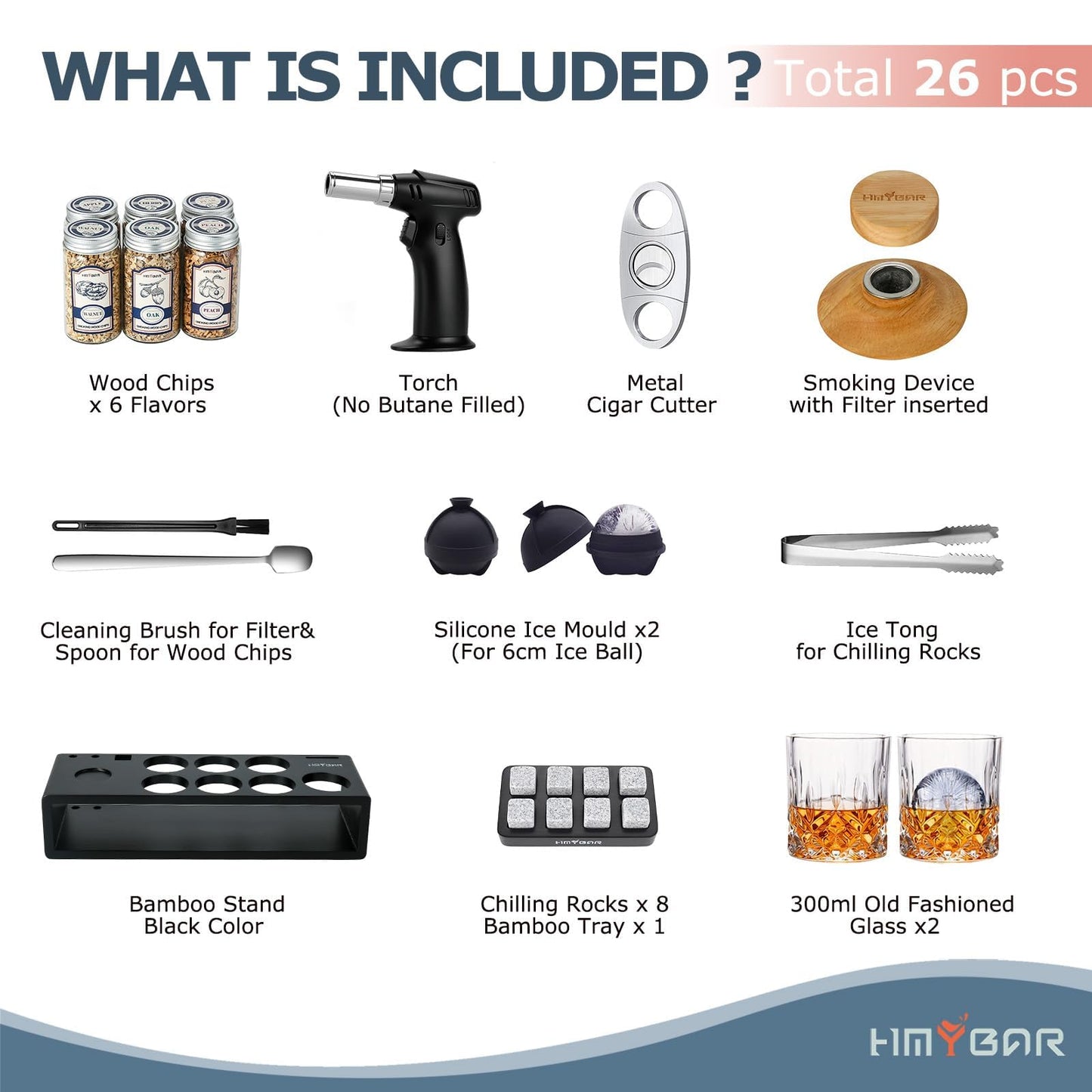 HMYBAR®26pcs Whiskey Smoker Kit with Torch | Cocktail Smoker Infuser Kit | Old Fashioned Drink Smoker Kit | Bourbon Whiskey Gift. Great Gift for Dad, Husband. Bamb Stand Black Color. (No Butane)