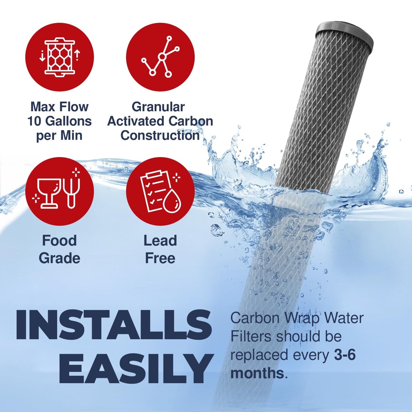 Healthy Spring 5 Micron 2.5" x 20" Whole House CTO Carbon Sediment Water Filter Cartridge Compatible with Pentek C1-20, NCP-20, Made in USA, Pack of 4