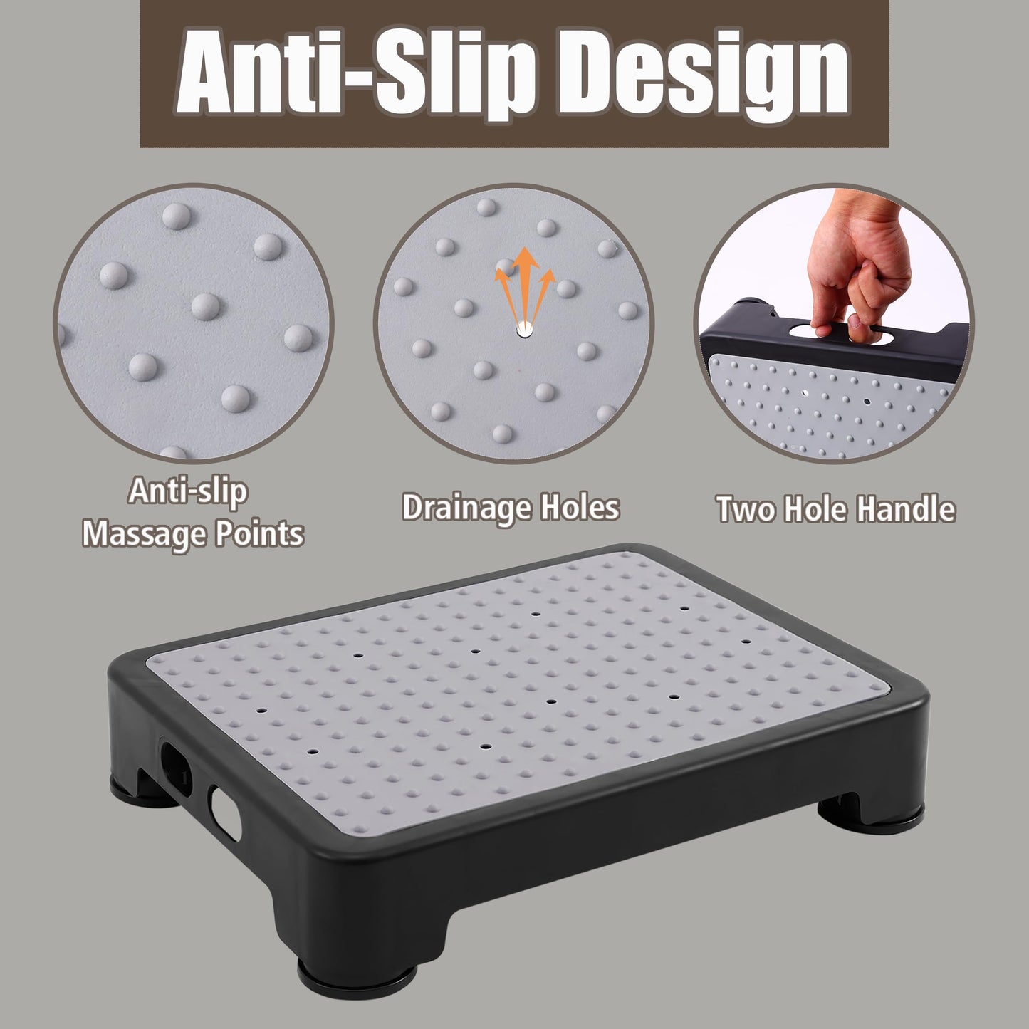 CHIKILLA Adjustable Step Stool & Foot Stool (3.4" - 5"), Non-Slip Portable Half Step Platform for Seniors, Kids and Pregnant Women, Heavy Duty 650lbs Stair Assist for Car, Bed & Bath (Black-Gray)