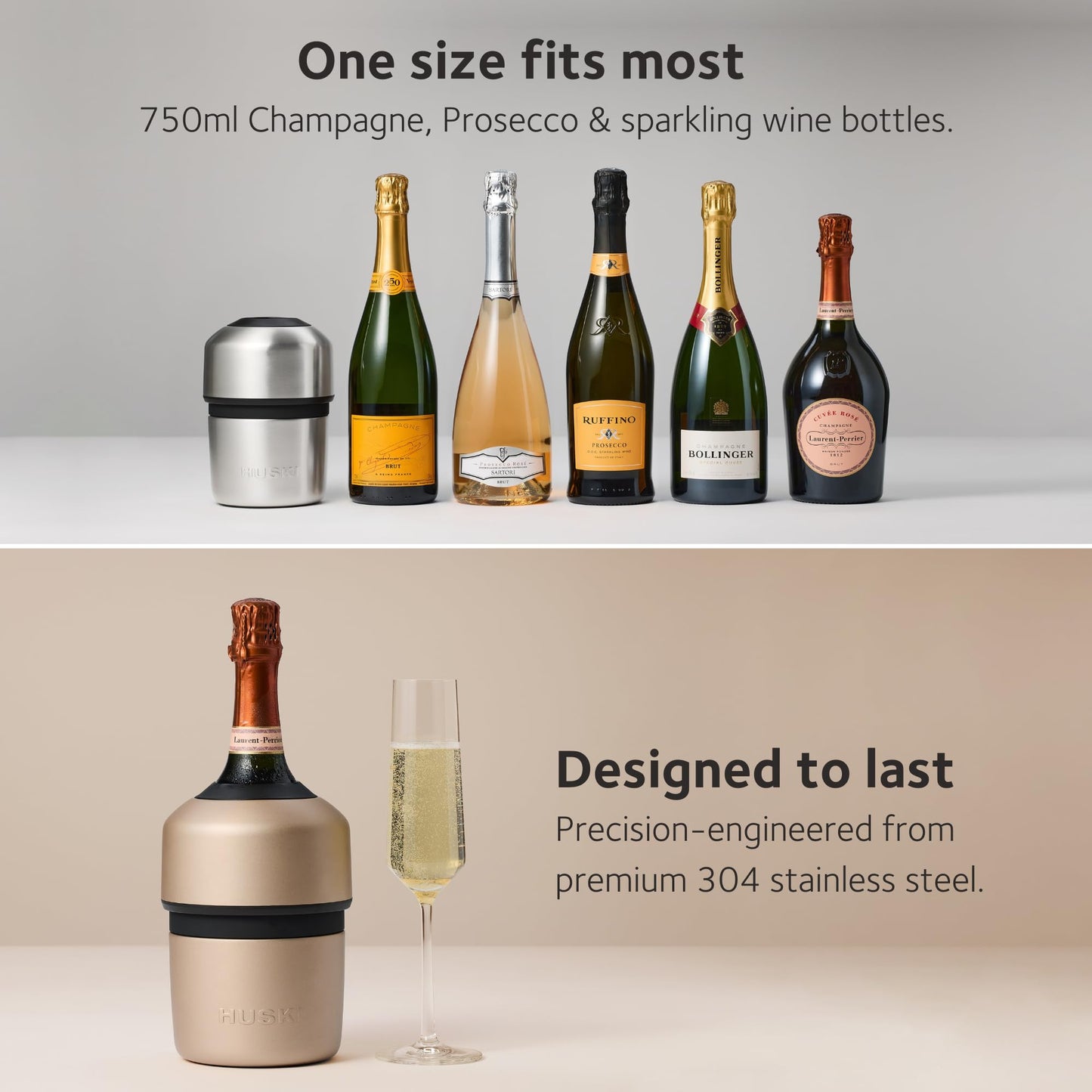 Huski Champagne Chiller | New | Award-Winning Iceless Design with Detachable Bottle Stopper | Keeps Wine Cold up to 6 Hours | Fits Most 750ml Champagne & Prosecco Bottles (Champagn)