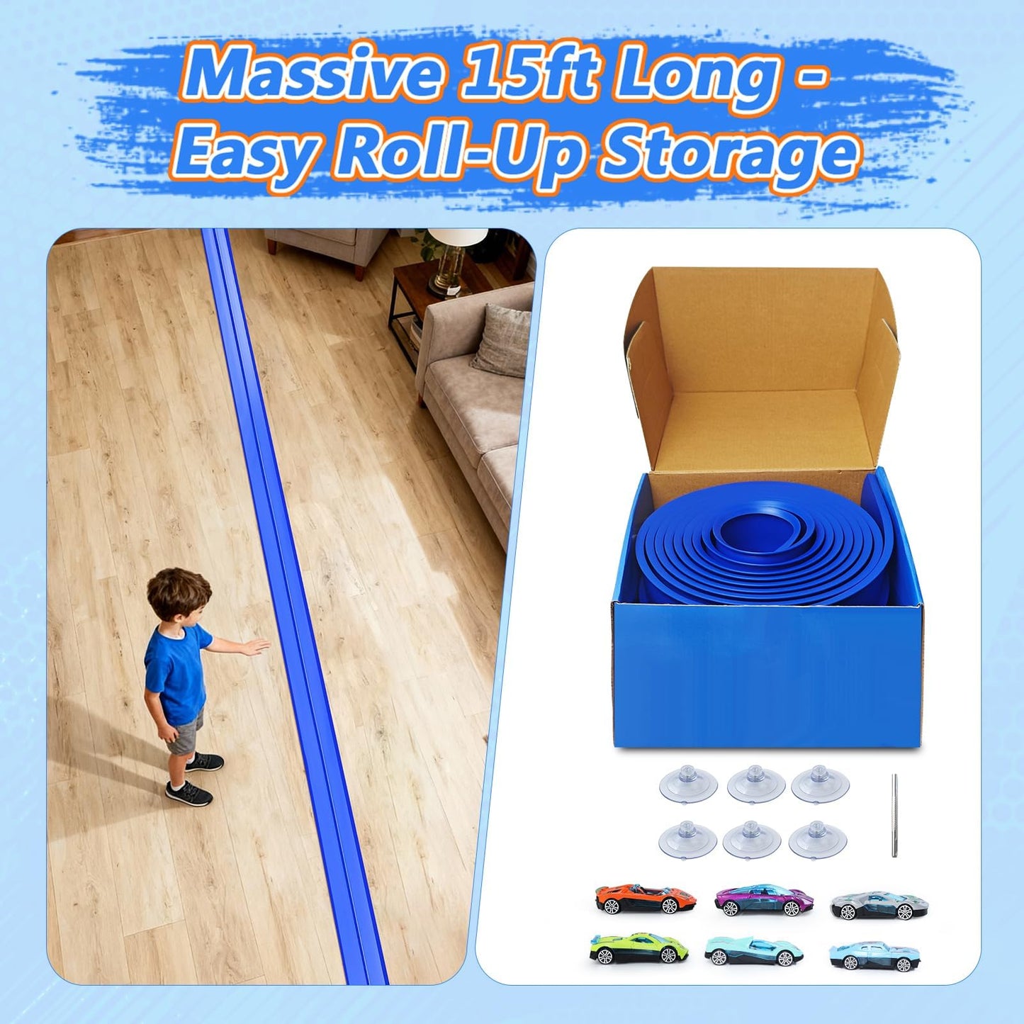 FALDAA 15ft Flexible Race Track for Kids with 6 Cars & 6 Suction Cups, Race Car Ramp Toy Compatible with Hot Wheels and 1/64 Diecast Cars, Portable Slot Car Track for Ages 3+