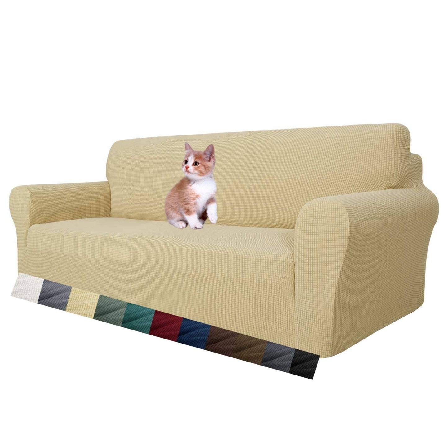 MAXIJIN Super Stretch Couch Cover for 3 Cushion Couch, 1 Piece Universal Sofa Covers Living Room Jacquard Spandex Furniture Protector Dogs Pet Friendly Fitted (Large, Beige)