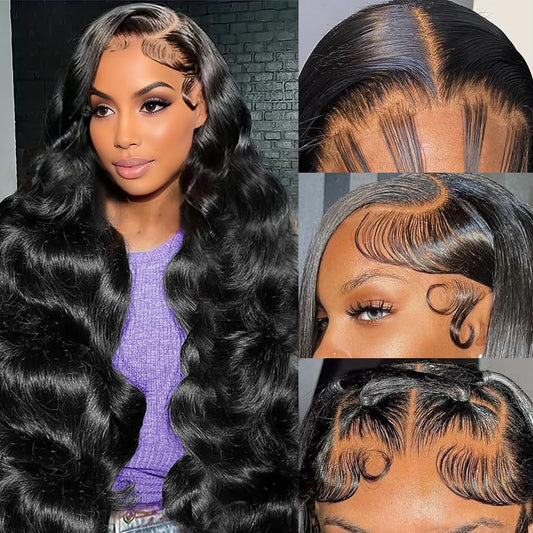 13x6 Body Wave Lace Front Wigs Human Hair 180% Density 24 Inch Bleached Knots Lace Frontal Wigs for Black Women Long Wig Natural Black (24 inch)