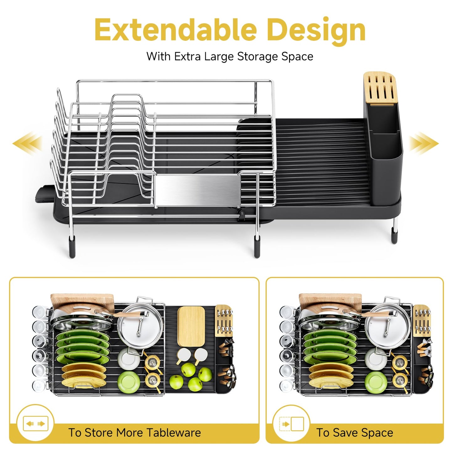 Urackify Expandable Dish Drying Rack Stainless Steel Dish Rack with Drainboard Set Dish Drainer for Kitchen Counter Large Capacity Dish Dryer Rack with 360° Swivel Spout