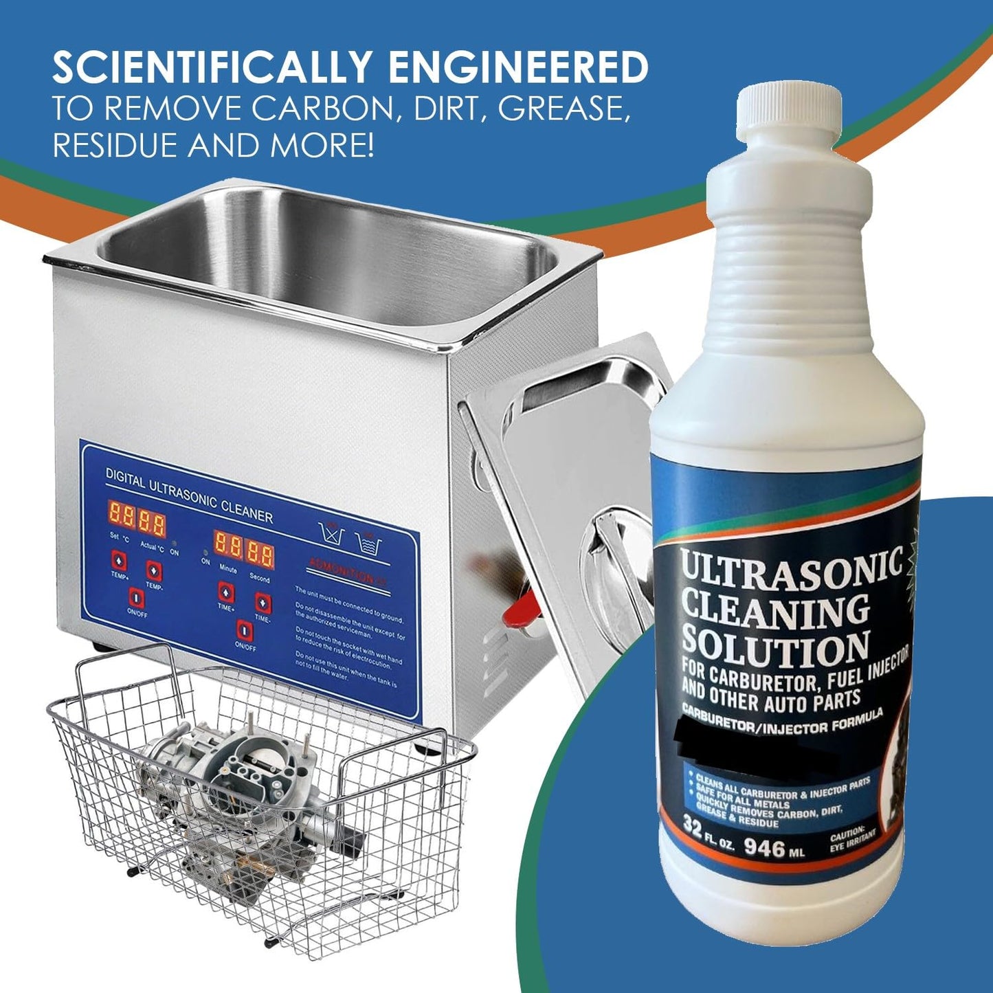 Ultrasonic Cleaner Solution for Carburetors and Engine Parts, Ultrasonic Cleaning Solution and Washing Compound for Ultrasonic and Immersion Washers - Concentrated (32 Ounces)