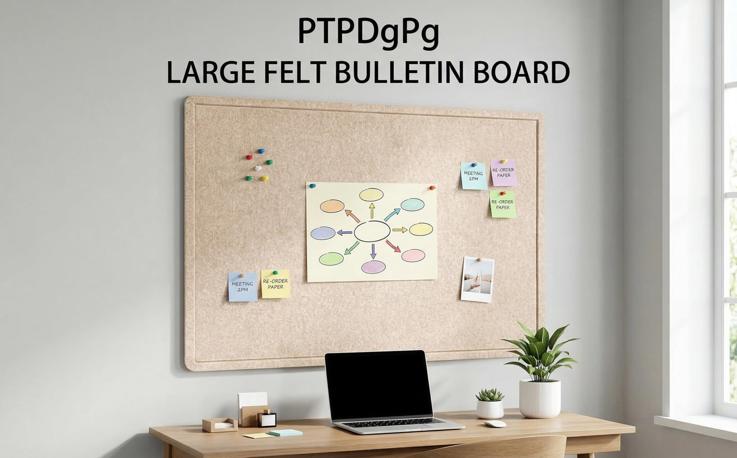 PTPDgPg Large Bulletin Board - 48 x 36 in | Large Felt Cork Boards for Decorating Walls | Foldable Photo Display with Sticky Tape and 30 Push Pins | Notice Board for Office,School and Home | Camel