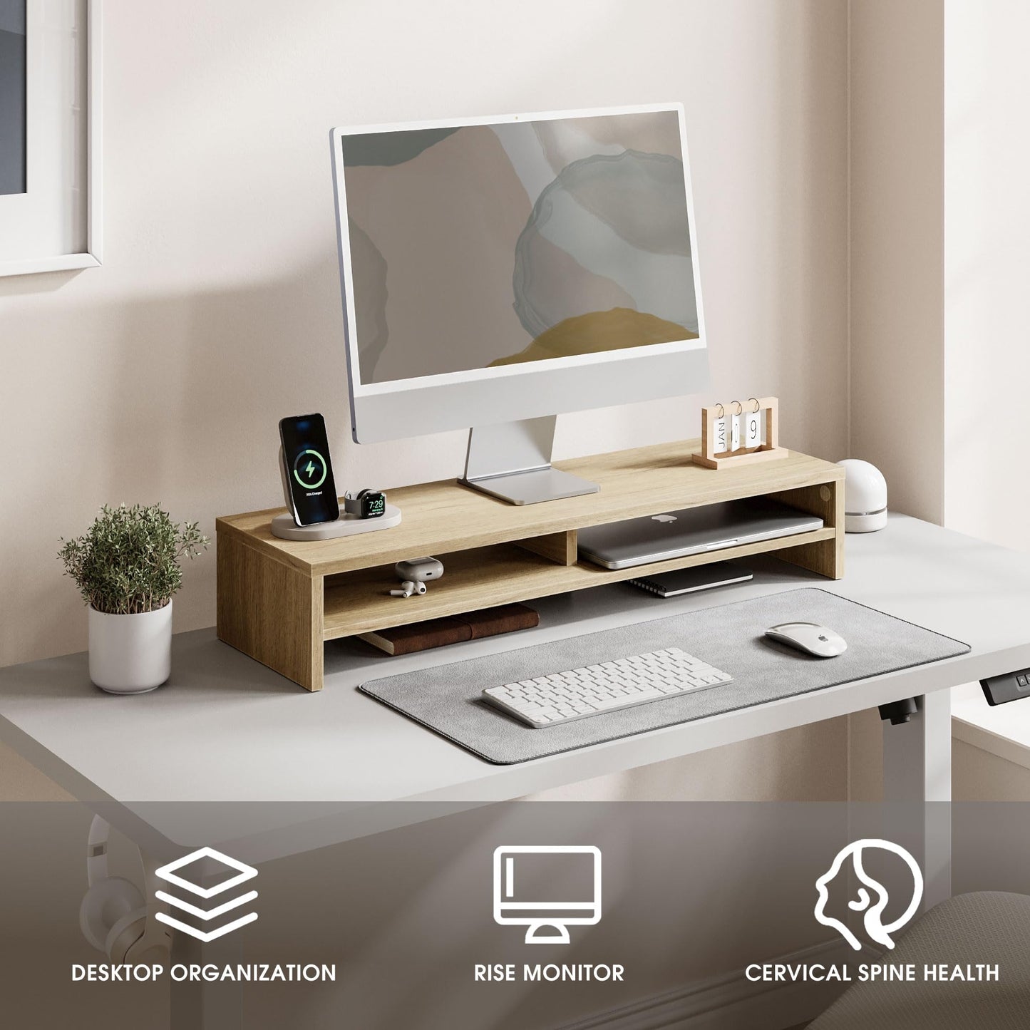 FENGE Monitor Stand, 31.5 Inch Computer Monitor Riser for Desk, 2 Tiers Wood Desk Shelf with Storage, Desktop Organizer for PC, Laptop, Screen, Printer Oak