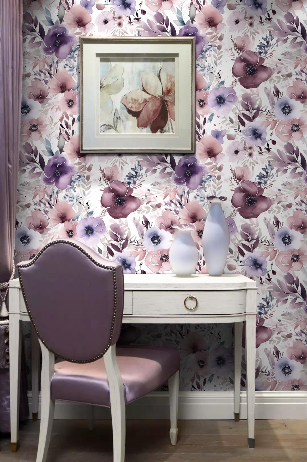 HAOKHOME Floral Peel and Stick Wallpaper Removable Wall Paper Mauve/Purple/White Vinyl Stick on Wall Contact Paper 44.5cm x 3m