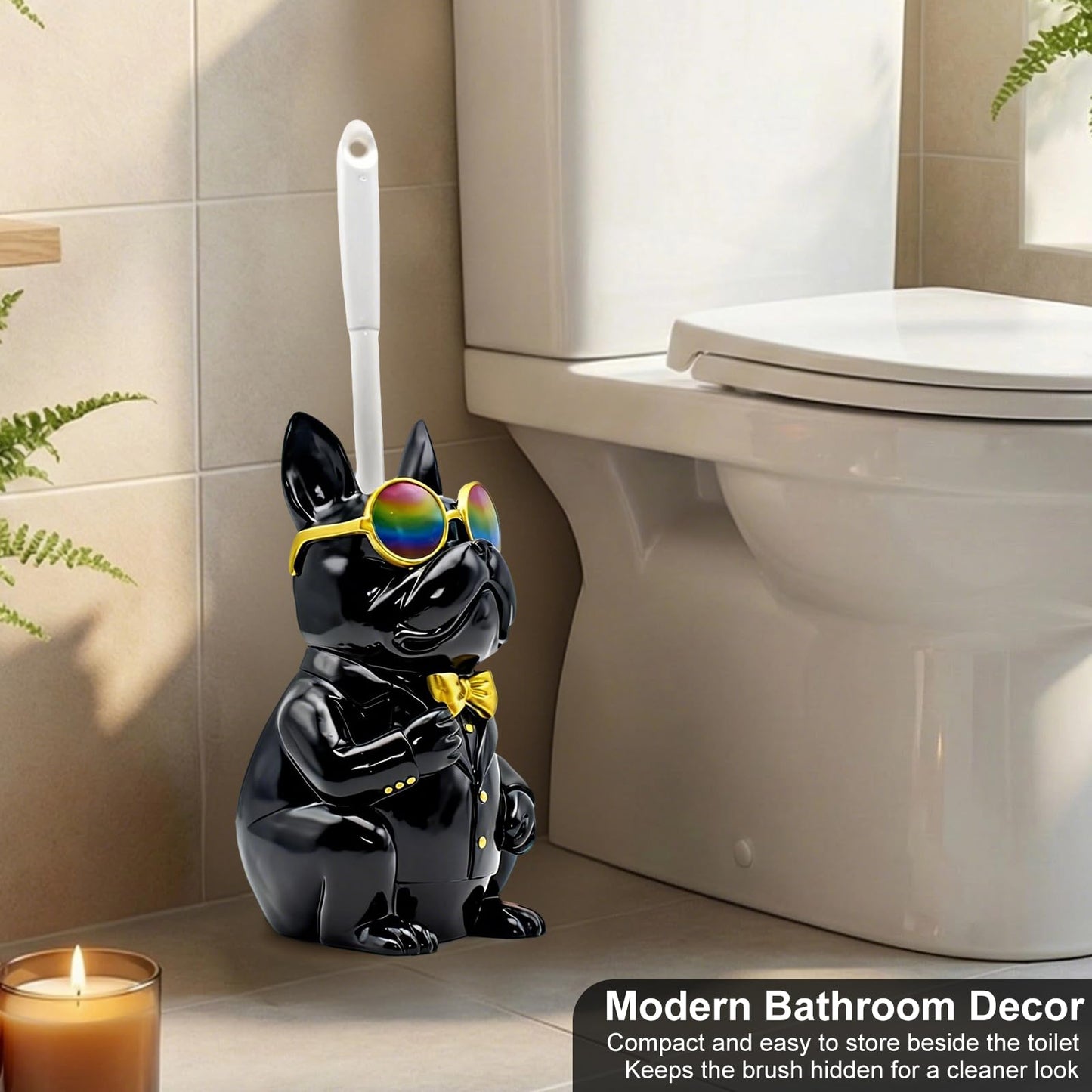 Home Luxe Bulldog Toilet Brush and Holder Set, Resin Decorative Dog Design, Weighted Non-Tip Base, Long Handle, Stiff PP Bristles (Suit & Shade - Black)