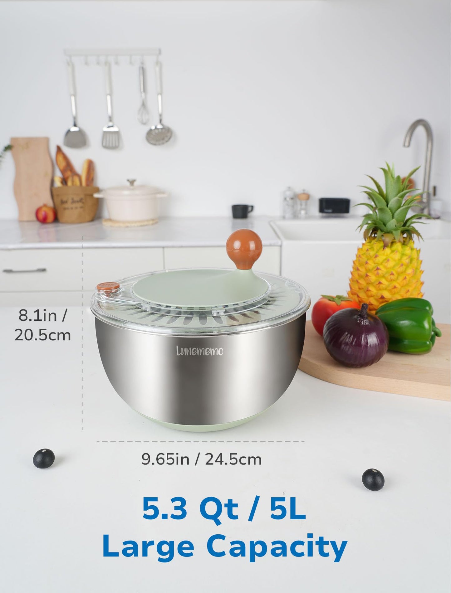 Lunememo Stainless Steel Salad Spinner, Lettuce Spinner with Drain, Non-Slip Base, Stop Button, Vegetable Dryer, BPA Free, 5L