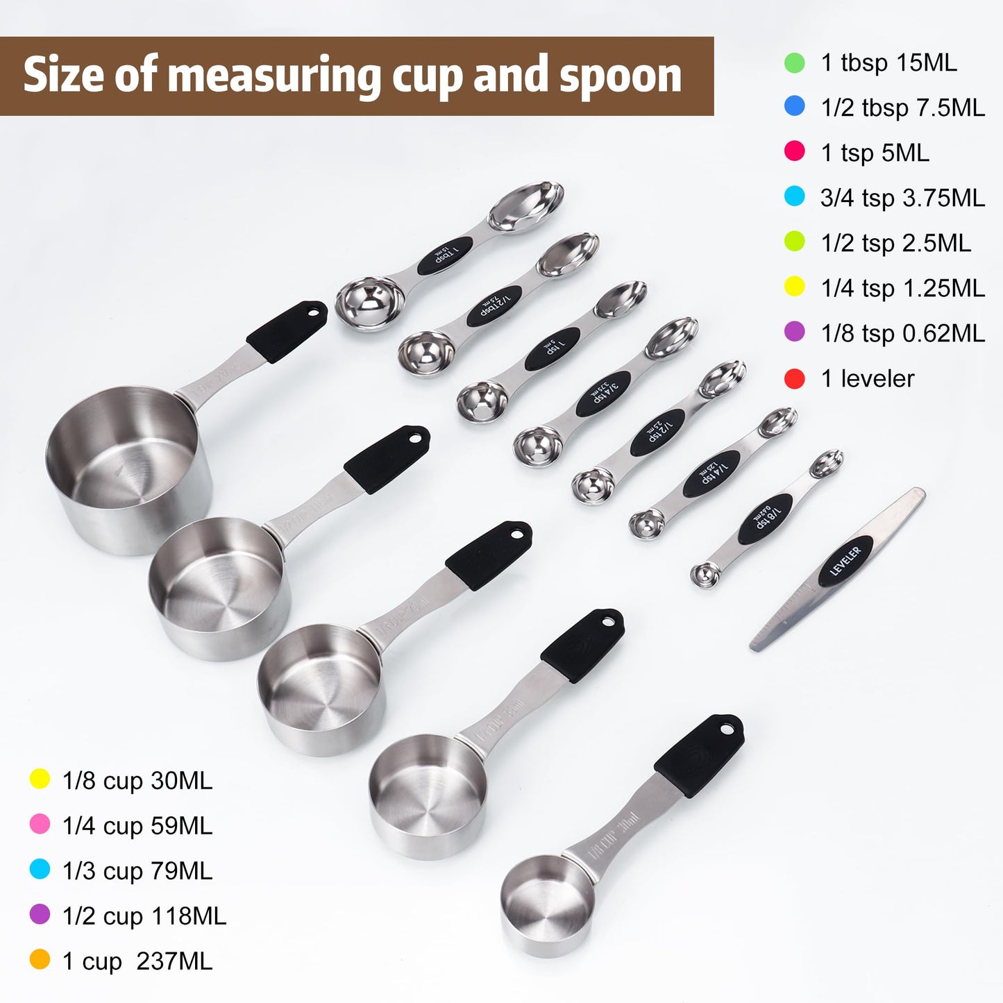 Magnetic Measuring cups and spoons Set, 5 Stainless Steel Magnetic Measuring Cup and 8 Double Sided Measuring Spoons with 1 Leveler，Kitchen Gadgets for Cooking & Baking