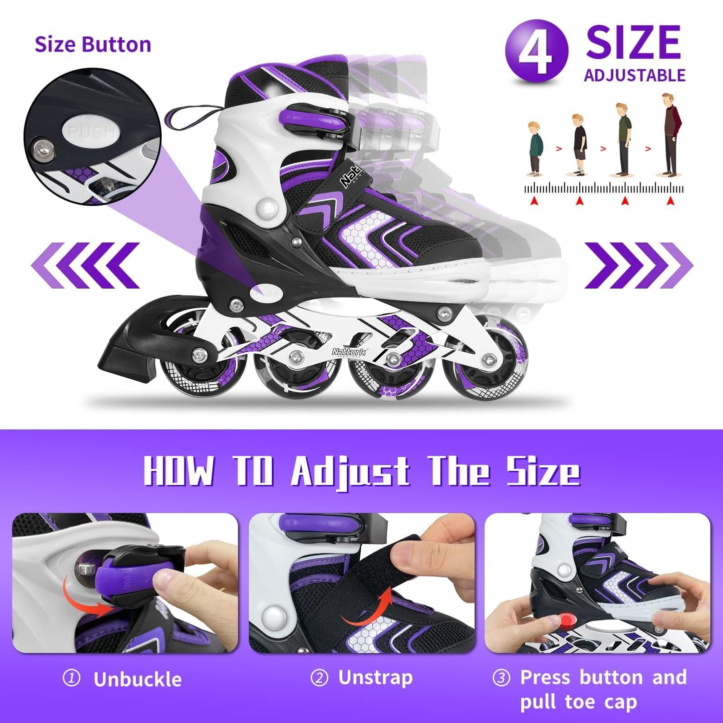 Adjustable Inline Skates for Girls, Girls Blades Roller Skates with All Light up Wheels for Big Kids, Purple, Size 1 2 3 4