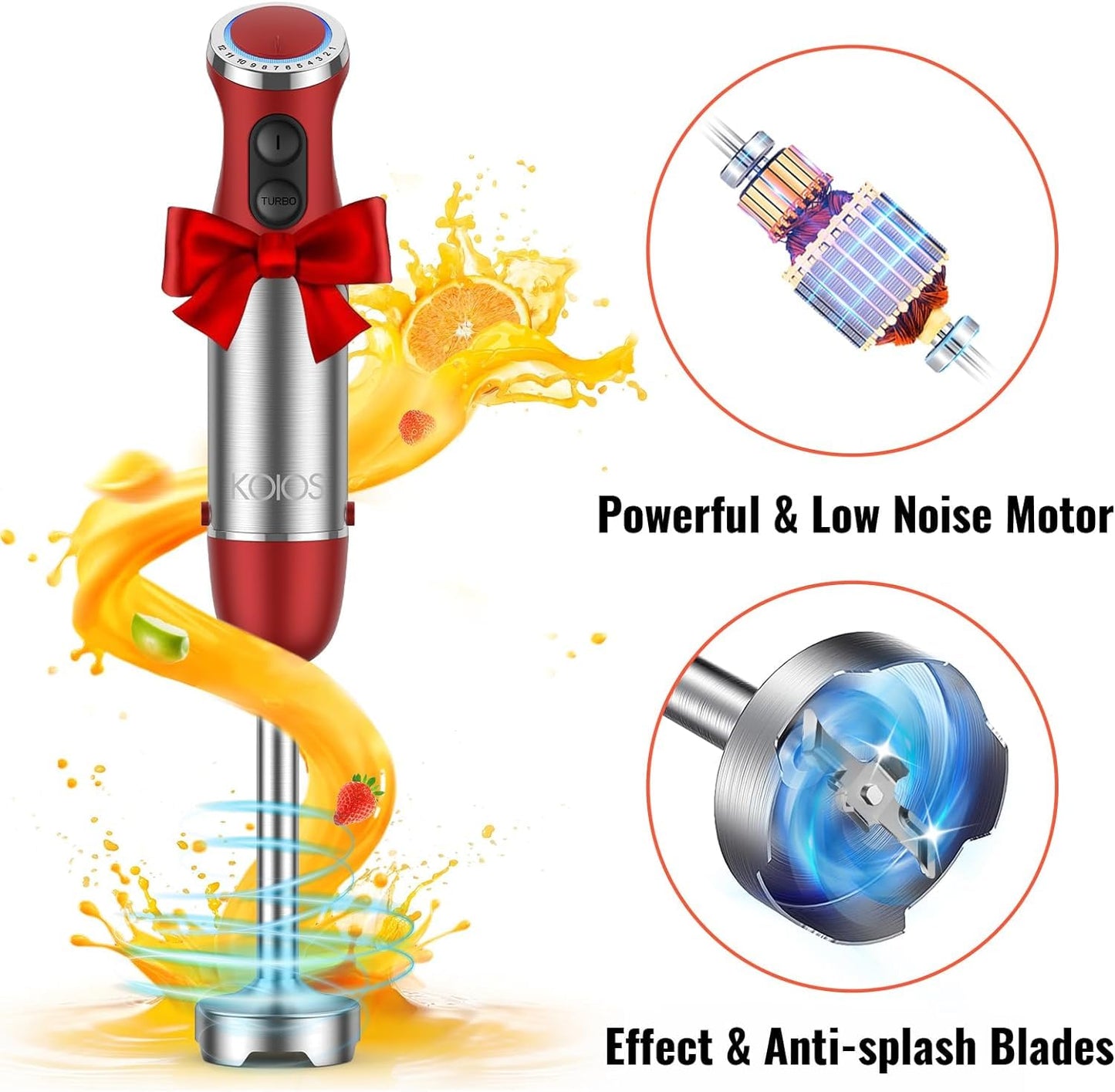 KOIOS 5-in-1 Hand Immersion Blender, 1000W 12 Speed Handheld Blender, Pure Copper Motor 304 Stainless Steel Blade Stick Blender, Non-BPA, Red