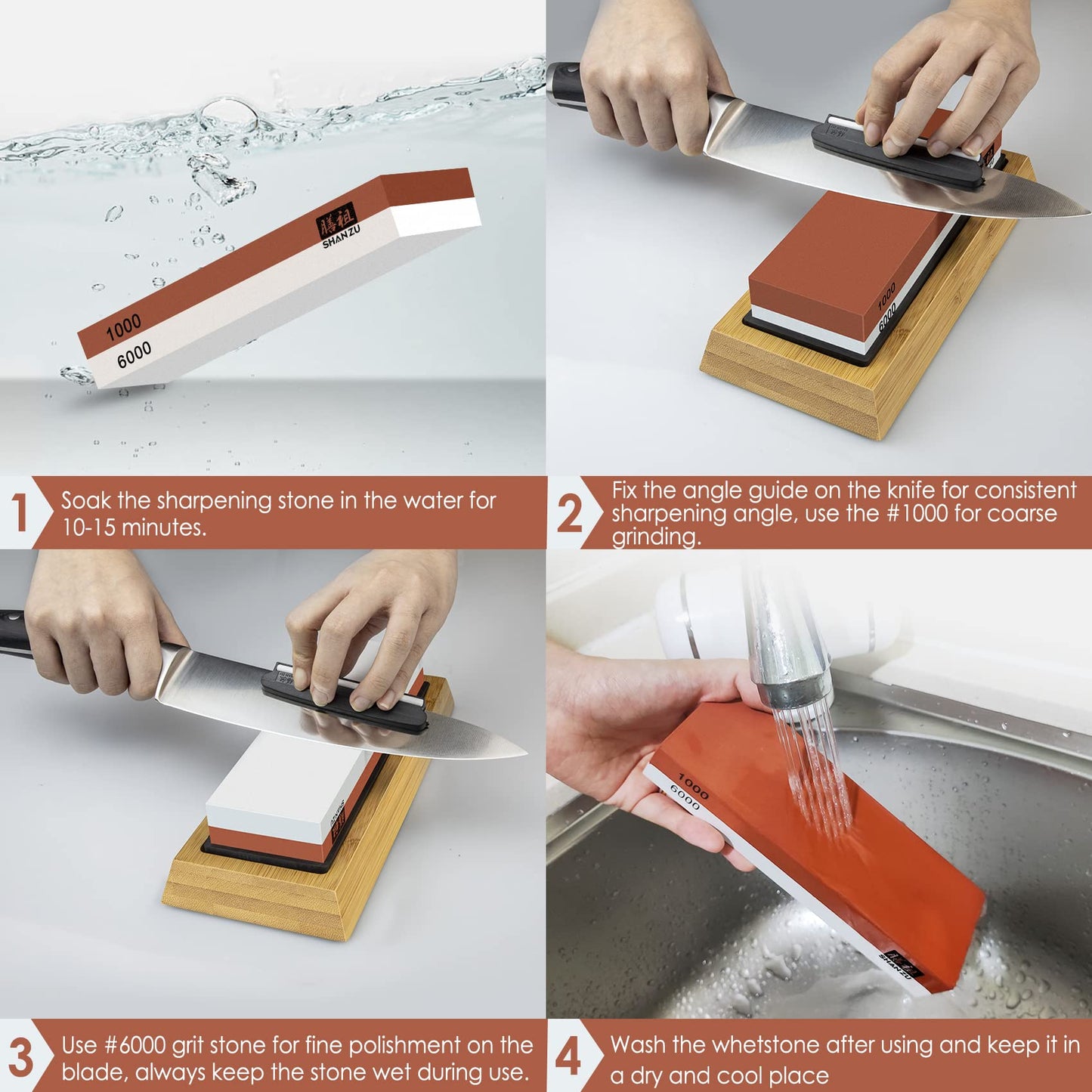 SHAN ZU Whetstone Knife Sharpening Stone, Premium 2-Sided Whetstone Sharpener 1000/6000 Grit Whetstone Kit with Non-Slip Bamboo and Silicon Base Angle Guide for Chef Knife, Kitchen Knife,Hunting Knife