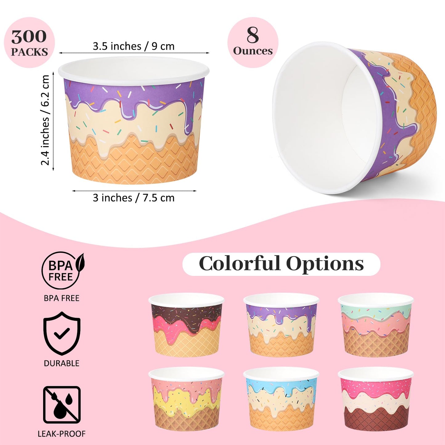 Aodaer 300 Pack 8 Ounces Disposable Ice Cream Containers Sundae Bowls Tea Party Decorations Summer Snack Cups Paper Dessert Yogurt Cups for Party Bar Supplies (Waffle)