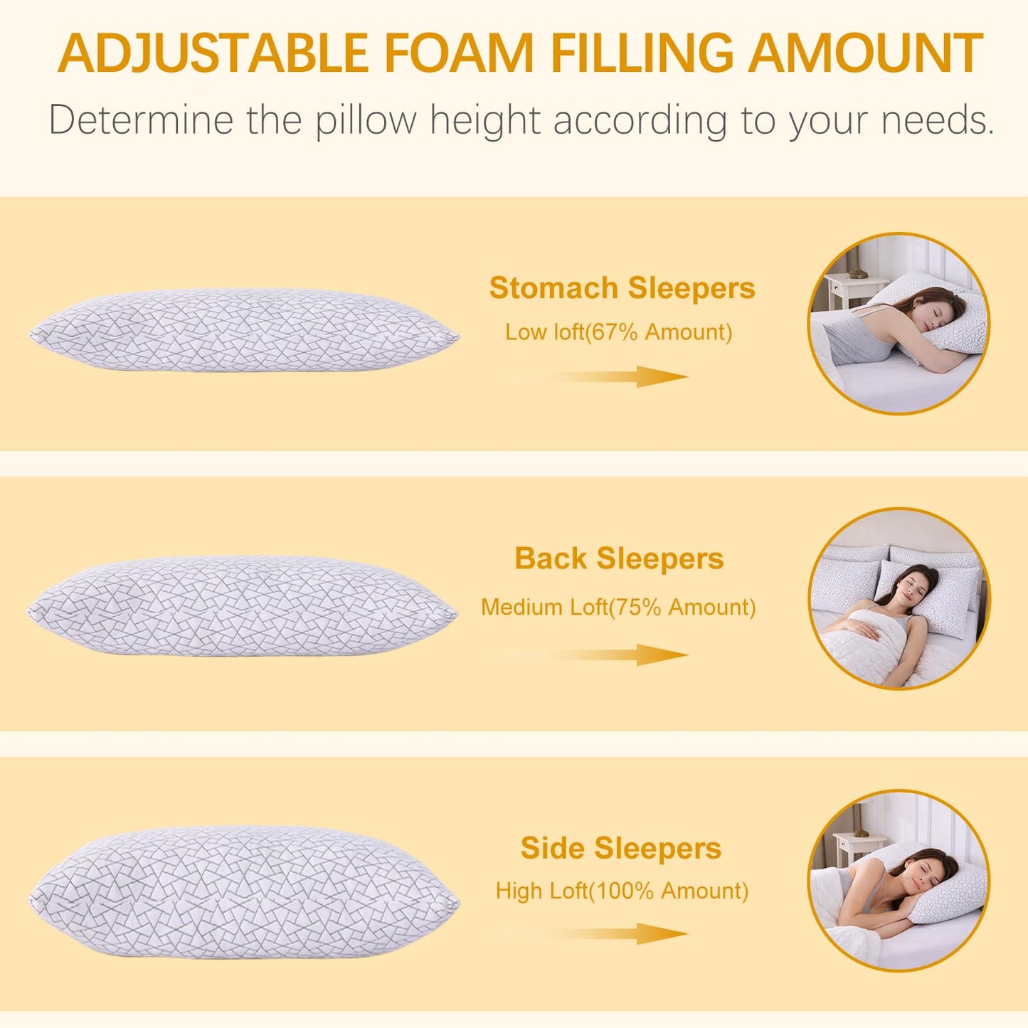 FROHAUL Shredded Memory Foam Bed Pillows Adjustable Hotel Quality Pillows for Side, Back and Stomach Sleeper, Breathable Washable Cover, Oeko-TEX Certified Queen Size Set of 2