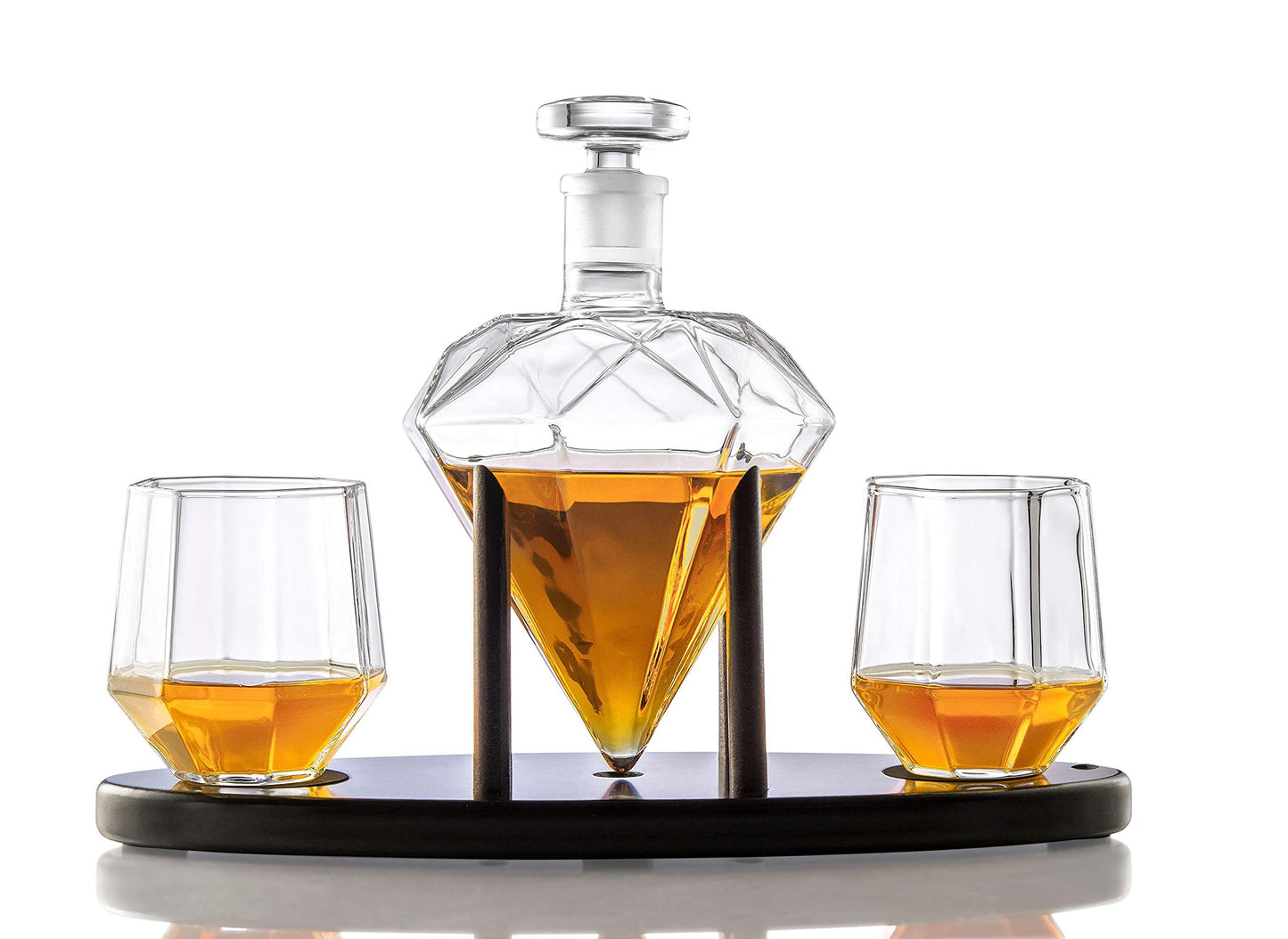 RUGLUSH Diamond Whiskey Decanter With 2 Diamond Glasses & Mahogany Wooden Holder ââ‚¬â€œ Elegant Handcrafted Crafted Glass Decanter For Liquor Scotch Rum Bourbon Vodka Tequila ââ‚¬â€œ Great Gift Idea ââ‚¬â€œ 750ml