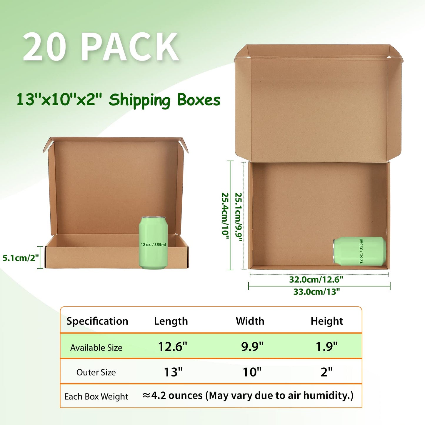 Pemtow 13x10x2 Shipping Boxes Set of 20, Brown Corrugated Cardboard Literature Mailer Box for Packaging, Mailing, Business