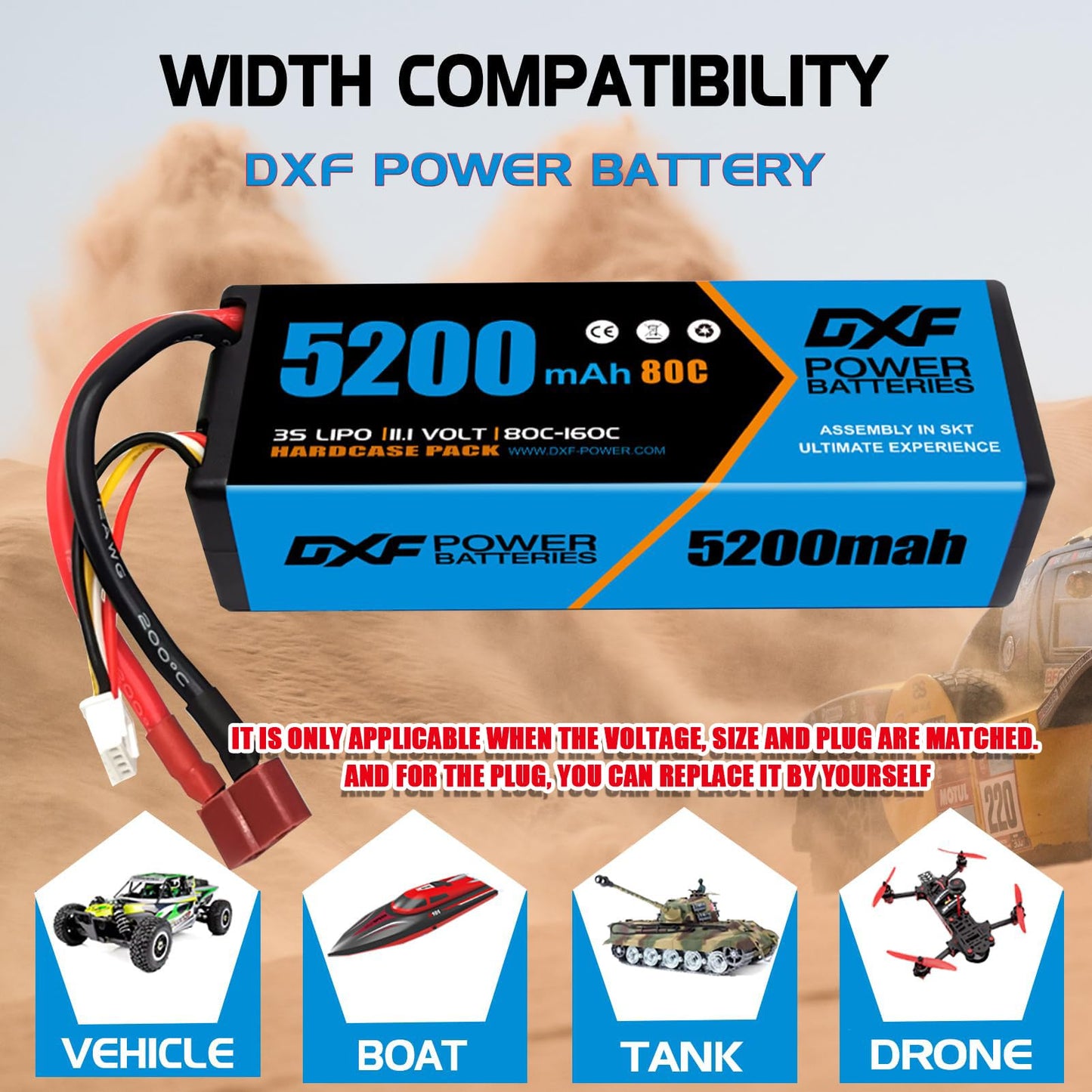 DXF Premium 3S 3s lipo Battery 5200mAh 11.1V 80C Hard Case Deans/T Plug LiPo Battery for RC Car, Boat, Truck, rc Tank Racing Models - 2 Pack