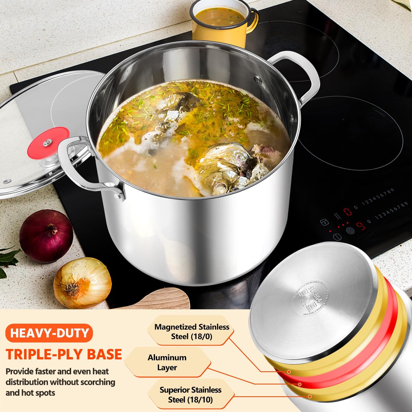 E-far 12-Quart Stock Pot, 18/10 Stainless Steel Stockpot with Lid for Cooking Simmering Soup Stew, Heavy Duty Cookware Works w/Induction, Non-Toxic & Corrosion Resistant, Dishwasher Safe
