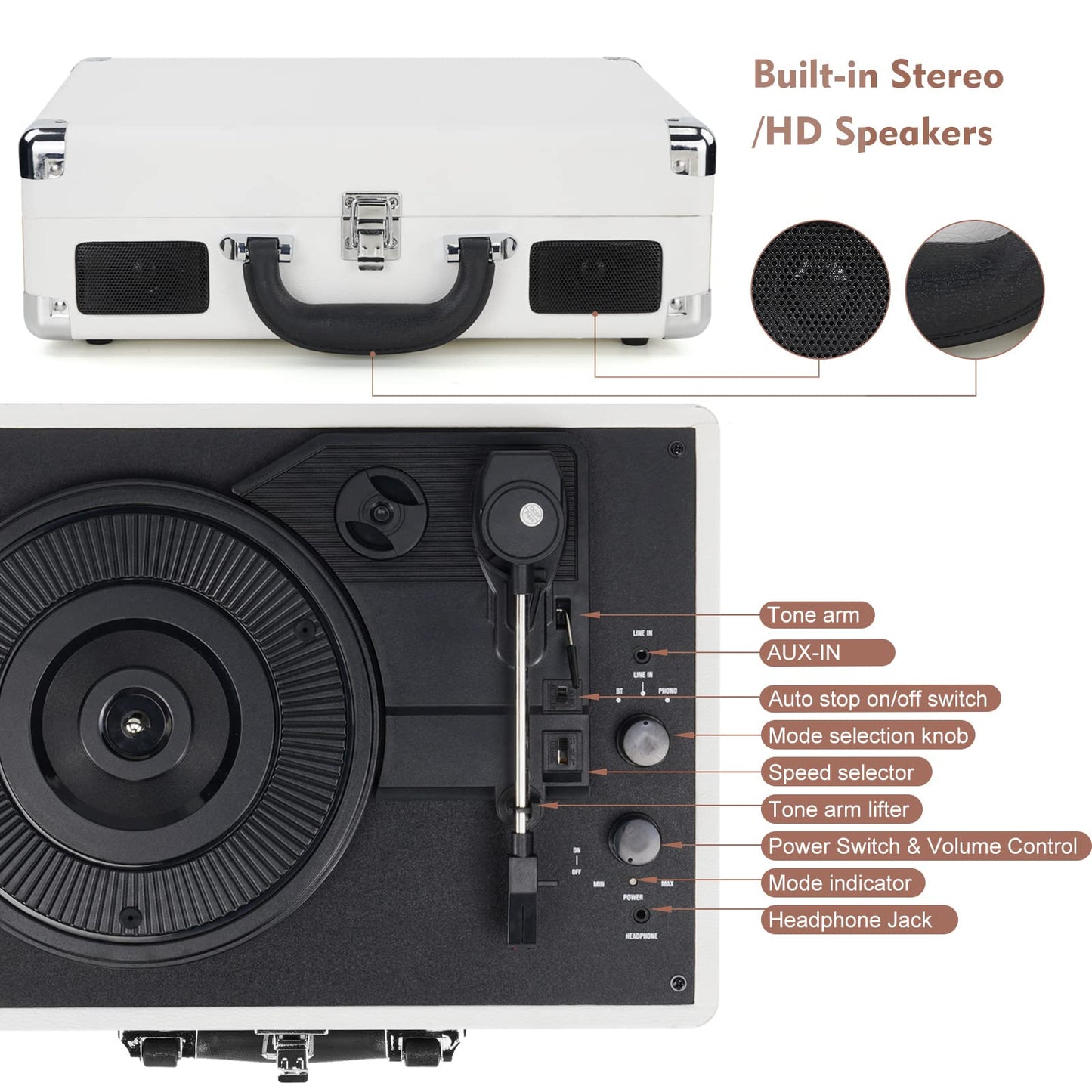 DIGITNOW! Turntable Record Player 3speeds with Built-in Stereo Speakers, Supports USB/RCA Output/Headphone Jack / MP3 / Mobile Phones Music Playback,Suitcase design