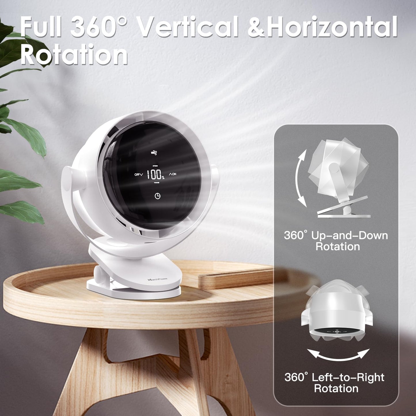 Marchpower Air Circulator Fan,100-Speed & Timer & 720°Tilt Clip on Fan, Quiet Portable Personal Fan, Battery Operated Desk Table Fan for Bedroom Bedside Stroller Office Outdoor Camping