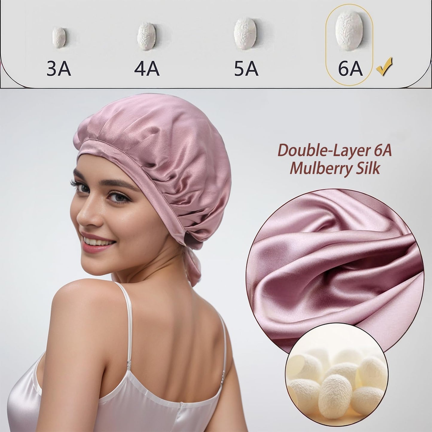 Cocheng 100% Mulberry Silk Bonnet Double-Sided Silk Sleep Cap With Adjustable Ribbon 19 Momme Silk Bonnet for Sleeping (Bean Pink)