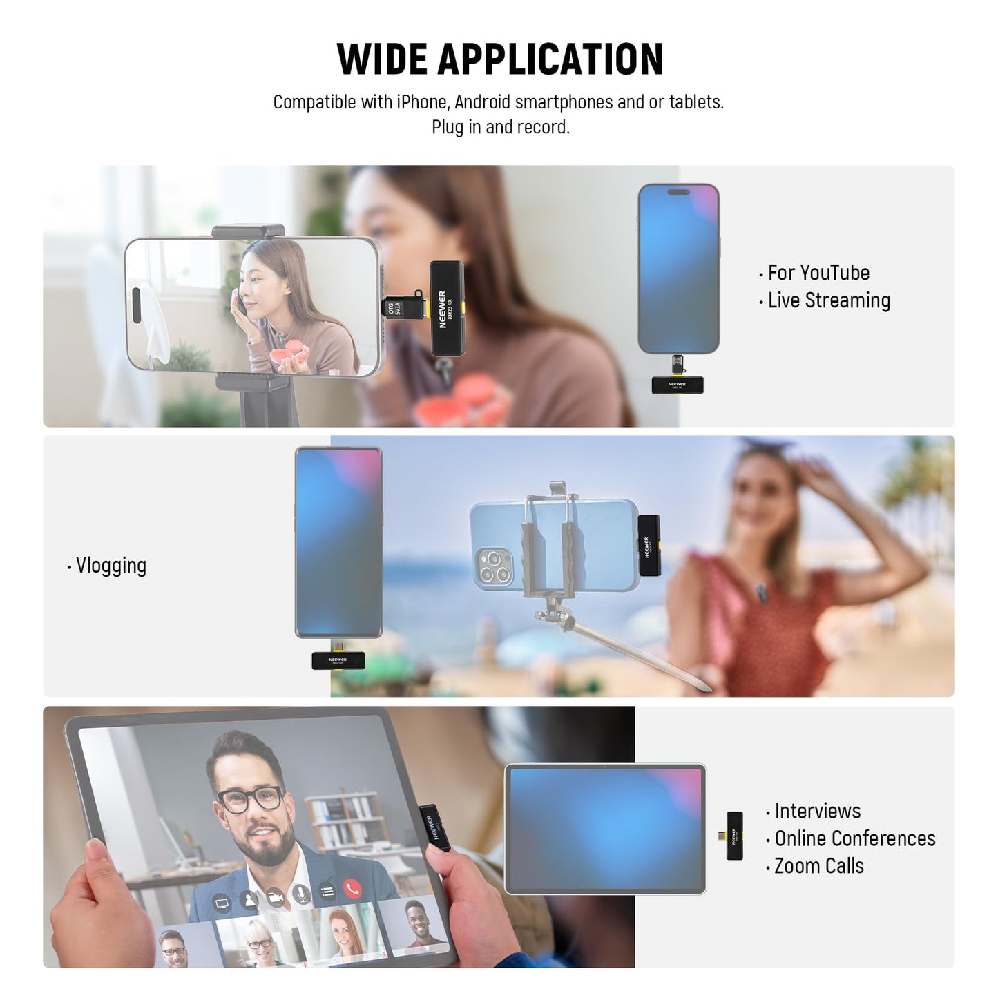 NEEWER Wireless Lavalier Microphone for iPhone Android Tablet PC Laptop 131ft/40m Range Noise Cancellation Omnidirectional Mic for Vlogging Live Streaming (1x RX + 2x TX), KM23