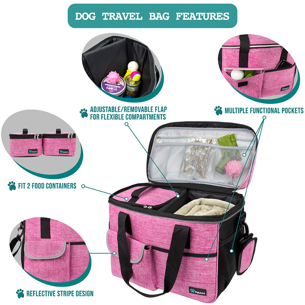 PetAmi Dog Travel Bag | Airline Approved Tote Organizer with Multi-Function Pockets, Food Container Bag and Collapsible Bowl | Perfect Weekend Pet Travel Set for Dog, Cat (Pink, Small)