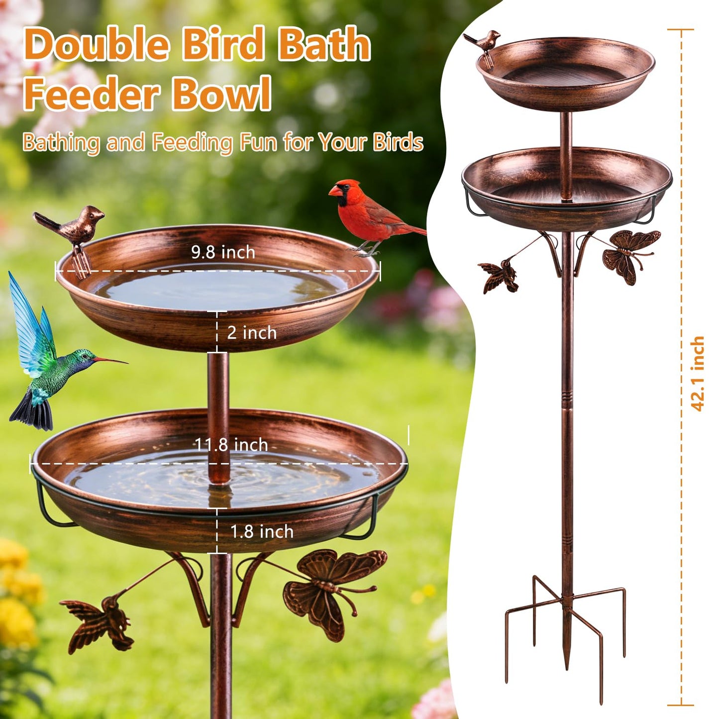2 in 1 Bird Bath for Outside, 42In Tall Free Standing Birdbaths Outdoor, Metal Bird Feeder Bowls for Garden Lawn Decor, Antique Bronze