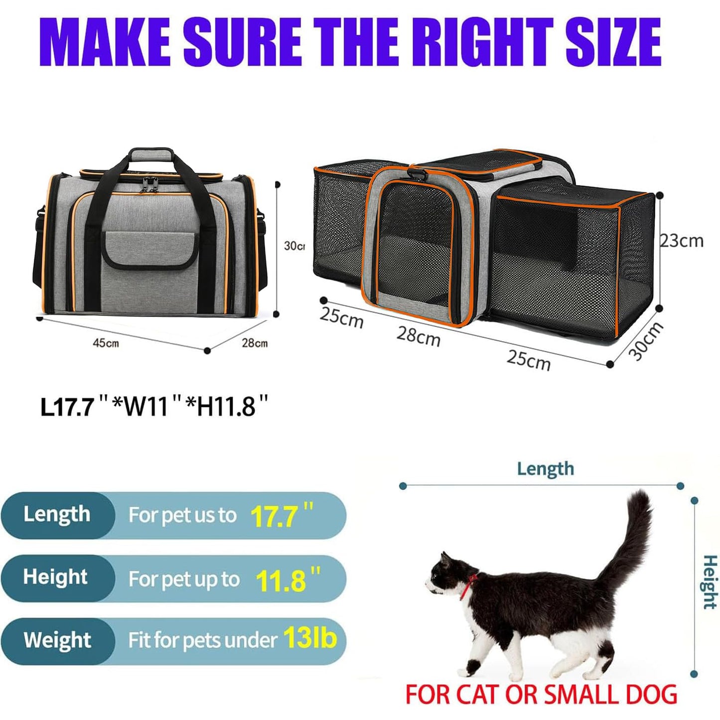 Craftsboys Pet Carrier for Cats & Dogs up to 15lbs – Soft-Sided, Breathable Mesh with Storage Pocket, Escape Proof Travel Carrier Bag for Small Dogs or Cats L17.7＂*W11＂*H11.8＂ (Grey-Orange)