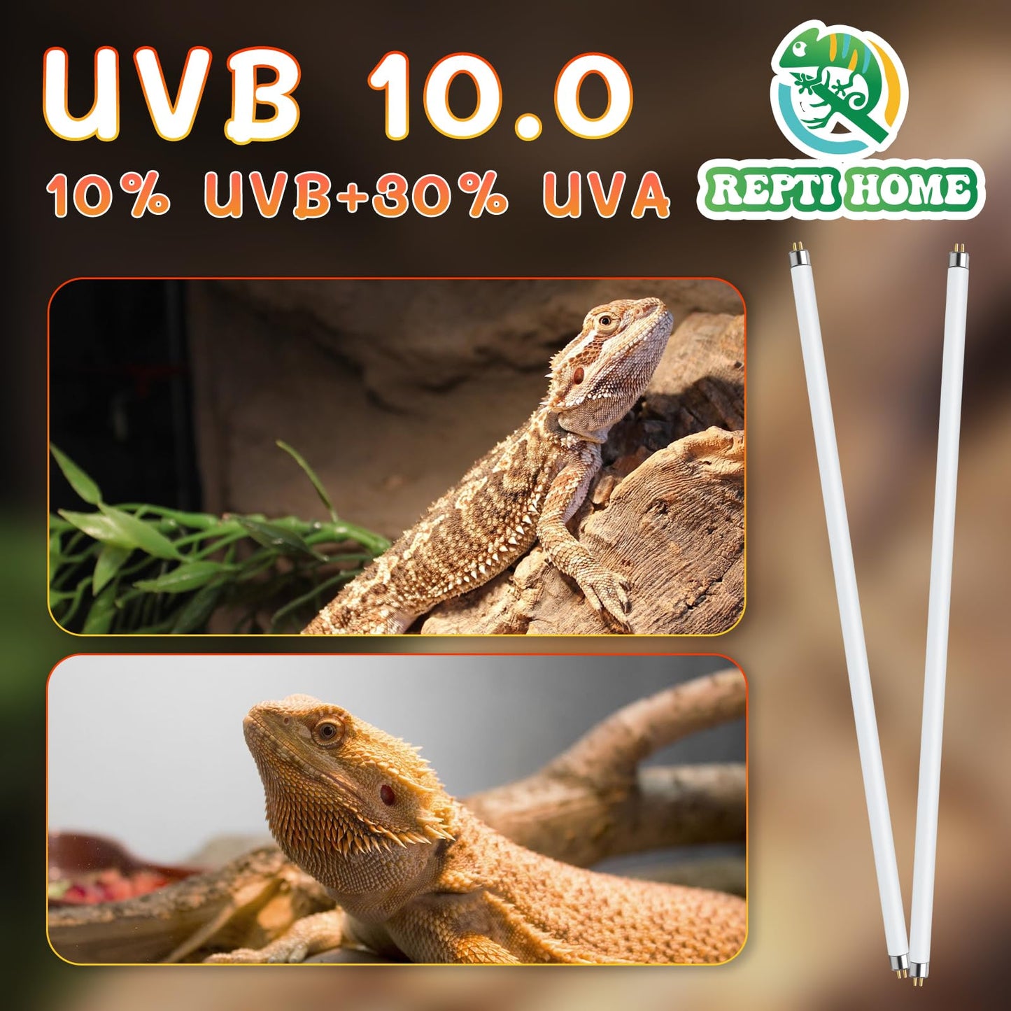 REPTI HOME 2PCS T5 UVB Reptile Light 8W 10.0,UVA UVB Light Bulb for Reptiles,Reptile UVB Lamp Tube for Bearded Dragon,12 Inchs