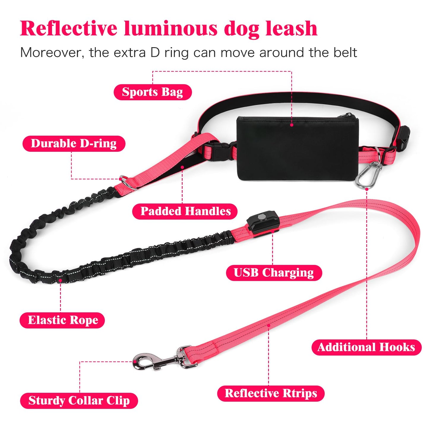 Vizbrite LED Hands Free Dog Leash, Waist Leash for Dog Walking, Retractable Bungee Light Up Dog Leash, Reflective Running Leash for Jogging, Training, Hiking