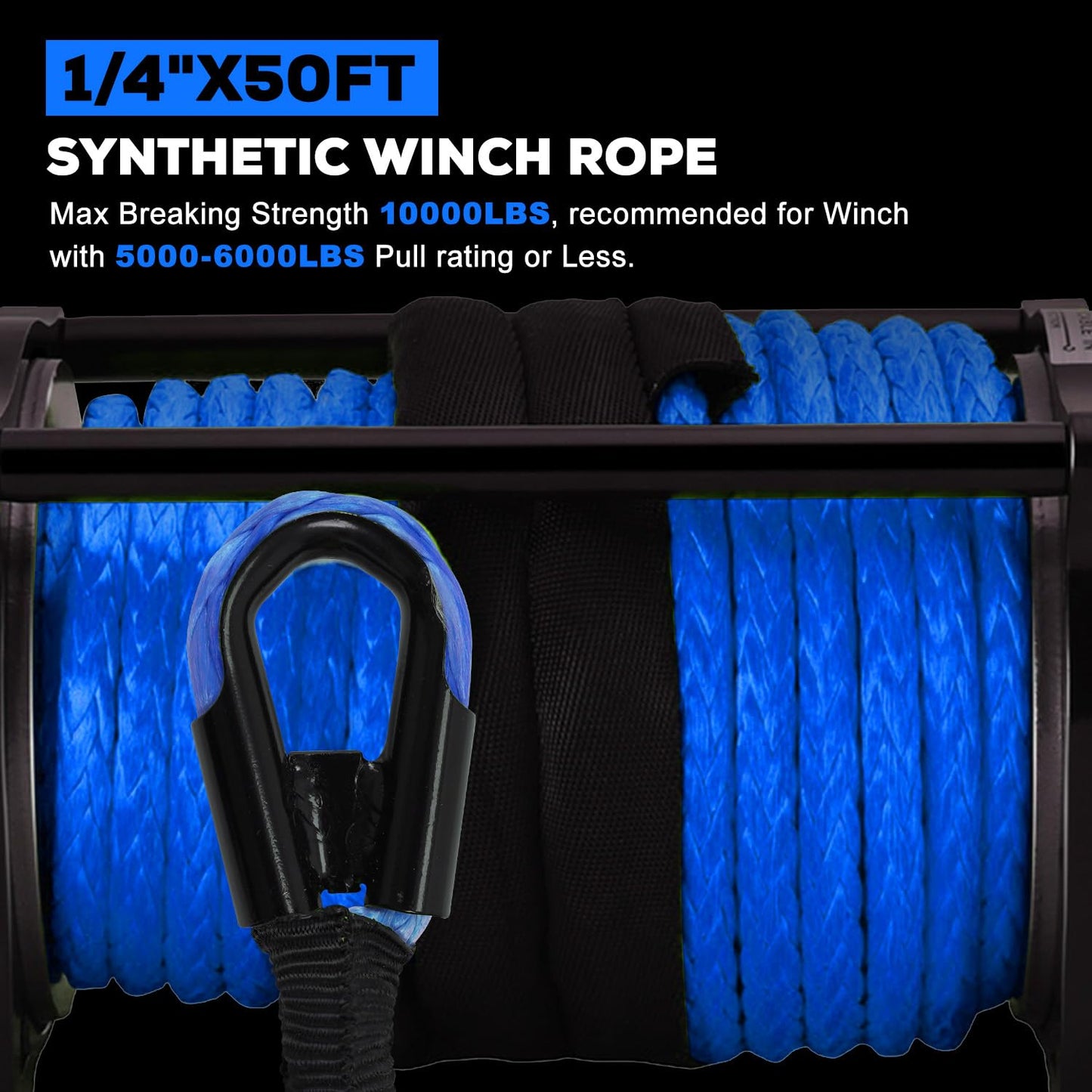 Synthetic Winch Rope Kit, 1/4" x 50ft 10000LBS Blue Winch Cable with Protective Sleeve, Forged Winch Hook, Rubber Stopper and Safety Pull Strap for ATV UTV