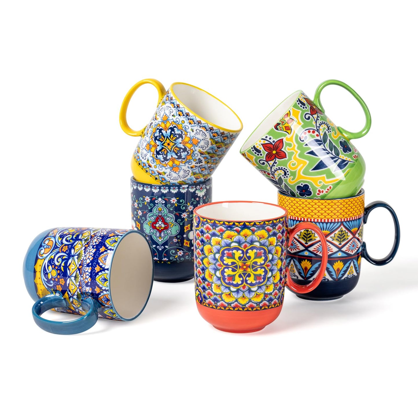 Coffee Mugs Set 14 Ounce - Multicolor Porcelain Cups for Latte, Hot Tea, Cappuccino, Cocoa, Soup, Dishwasher, Microwave Safe, Christmas Gift Set of 6 - Bohemian Style