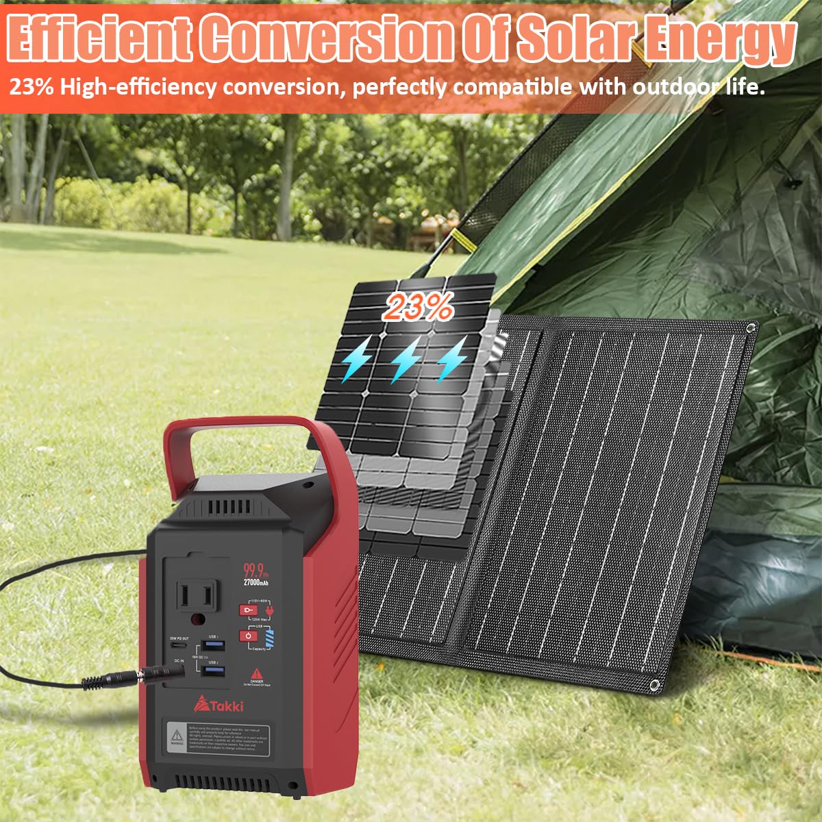 Takki 120W Peak Solar Generator Portable Power Station with Panels 21W Included, 99Wh Solar Power Bank Charger AC Outlet for Camping Emergency Outdoor Tent