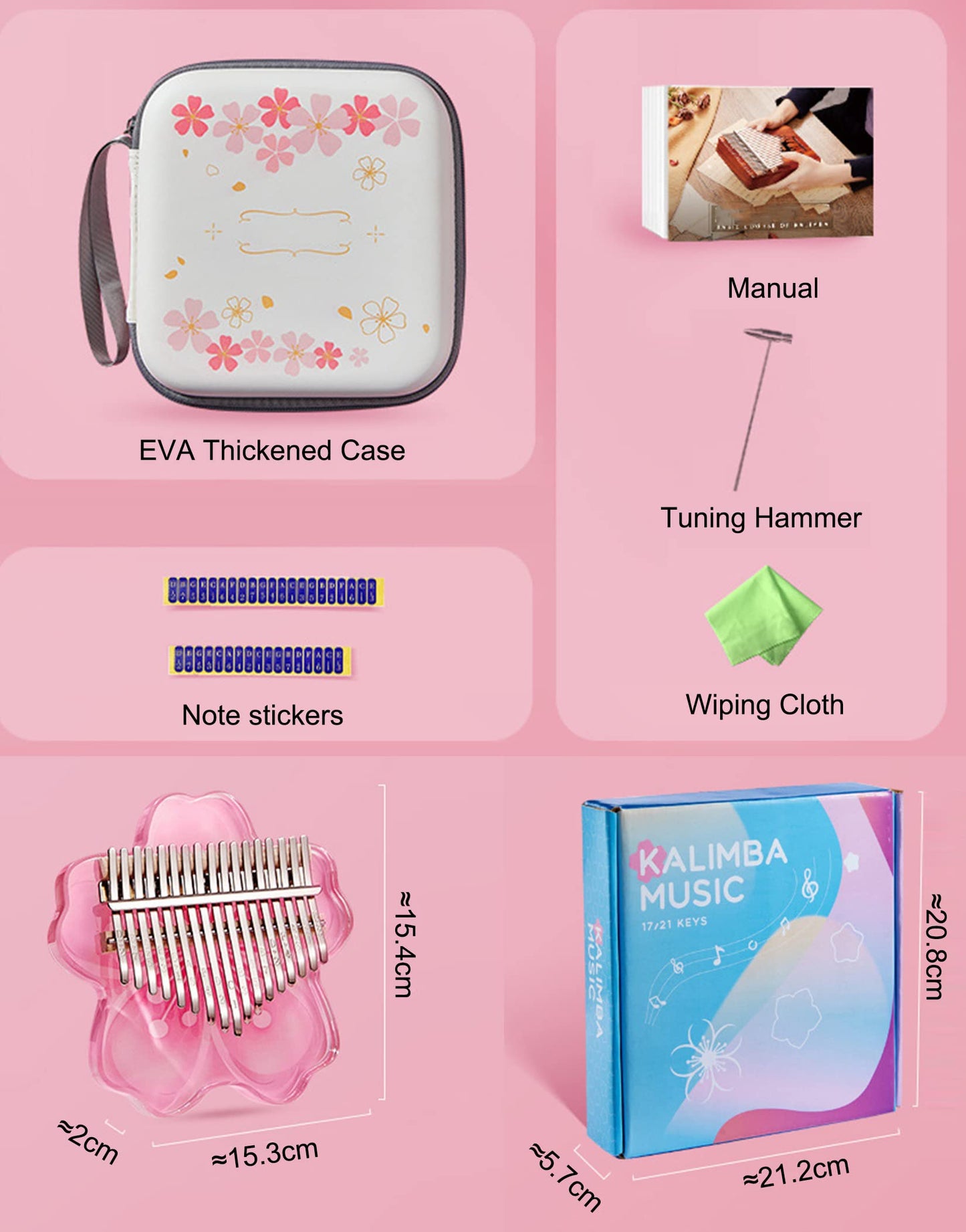 Clear Kalimba Thumb Piano 21 Key with EVA Protective Case Full Kit, Sakura Shape Transparent Crystal Kalimba 17 Key, Professional Musical Instruments for Kid Adult Beginners,Pink 17 Notes