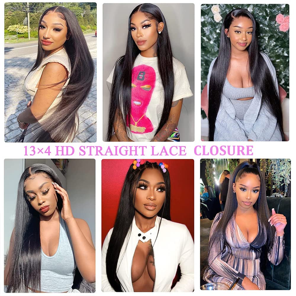 13x4 Ear To Ear Lace Frontal Closure Brazilian Straight HD Lace Frontal Closure Virgin Human Hair Lace Closure Natural Black 180% Density(13X4 Straight, 20 Inch)