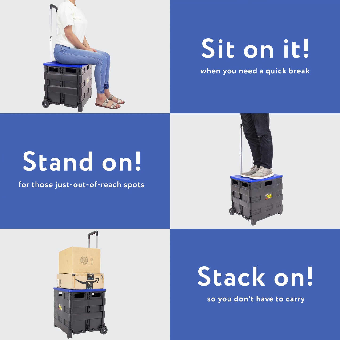 Dbest Products Quik Cart Collapsible Rolling Crate on Wheels for Teachers Tote Basket, 80 lbs Capacity, Blue Lid Made from Heavy Duty Plastic and Used as a Seat, 01759MB