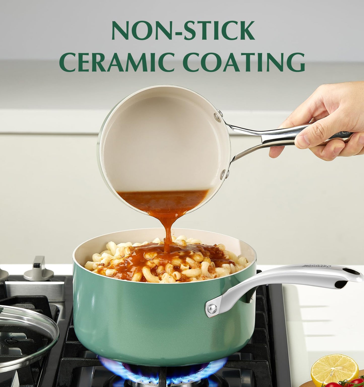 KOCH SYSTEME CS 1+2+3 Quart Nonstick Saucepan with Lid, Pot Set with Ceramic Coating, Sauce Pot, Kitchen Cooking Pot, Induction Compatible, Oven & Dishwasher Safe, Non Toxic, Green