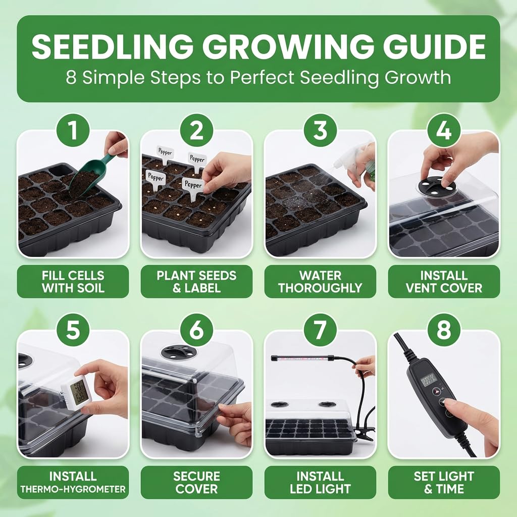 Self Watering Seed Starter Tray with Grow Light, 120 Cells Germination Station with Adjustable Timer, Seedling Starter Kit for Indoor Plants, High Lid Humidity Dome & Capillary Mat for Seed Growing