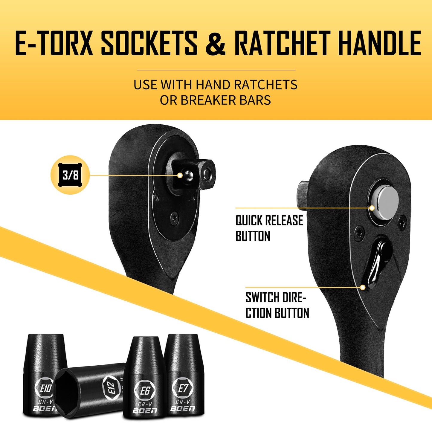 3/8" Drive Impact Socket Set, 59-Piece Standard SAE (5/16 to 3/4 inch) and Metric (6-22mm), Include 9-Piece E-Torx Socket Set (E5-E16) 丨Ratchet Handle, Extension Bar, Universal Joint, Adapter