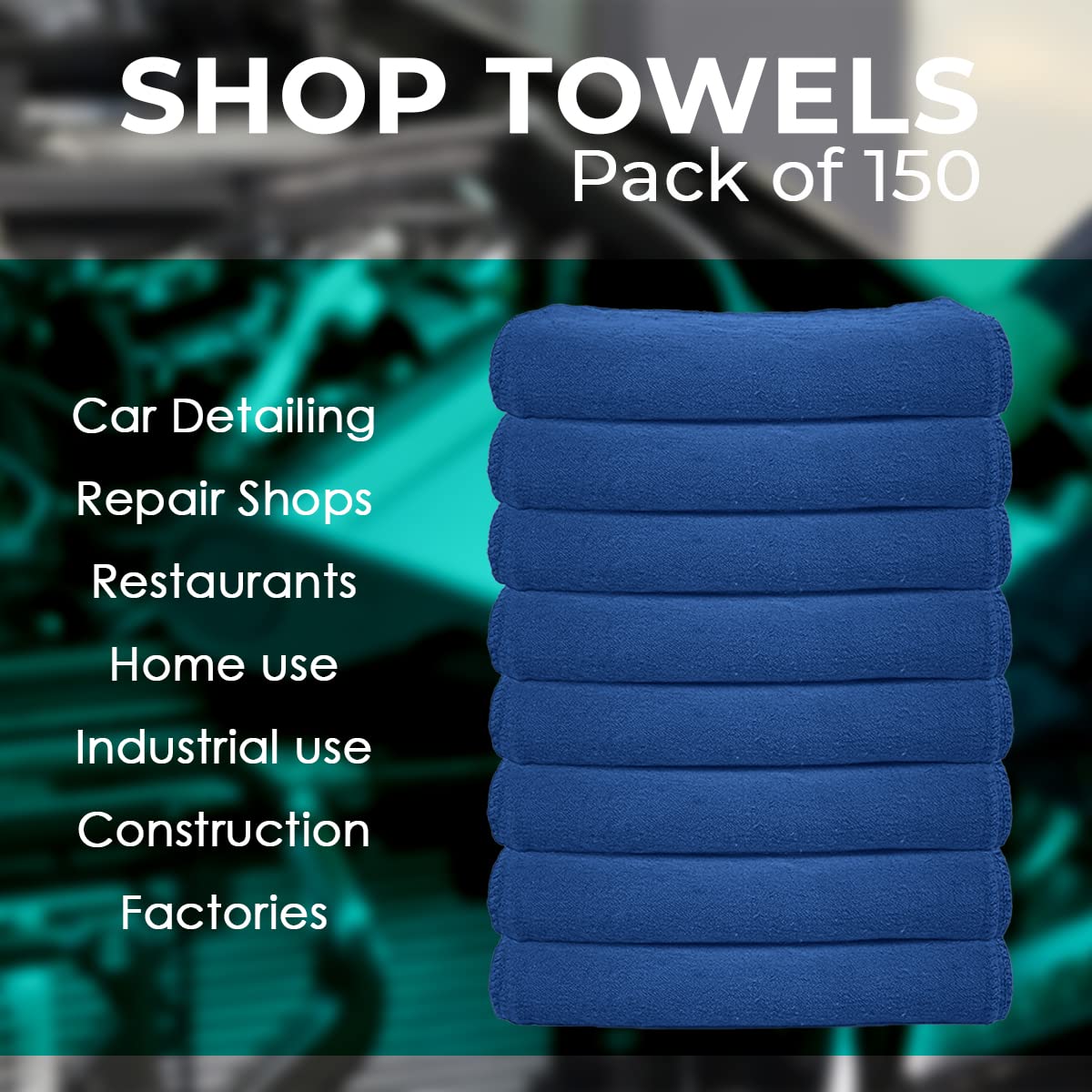Avalon Towels Cotton Shop Towels – (Pack of 150) Size 12x14 Inches Cleaning Rags – Absorbent Shop Rags and Multipurpose Cleaning Towels for Automobiles, Industries, Garage and Homes (Blue)