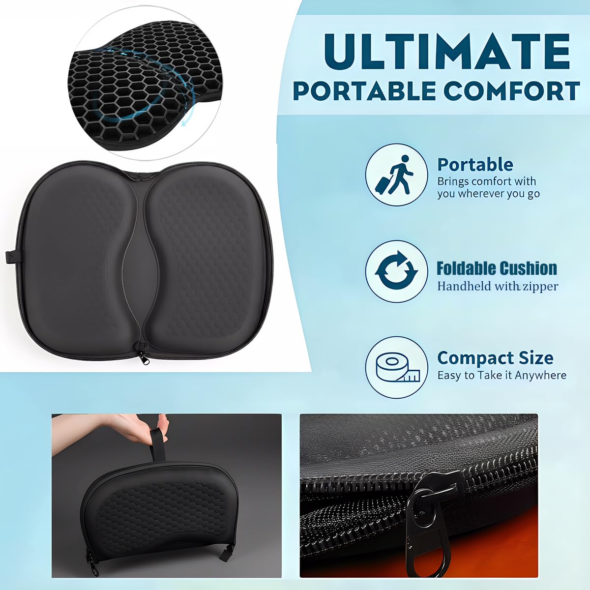Foldable Honeycomb Seat Cushion with Zipper & Handle, Portable Gel Seat Cushion with Ventilative Cover & Anti-Skid Bottom, Portabl Cushion for Travel 15.8x13.3x1.4 Inches (Black)